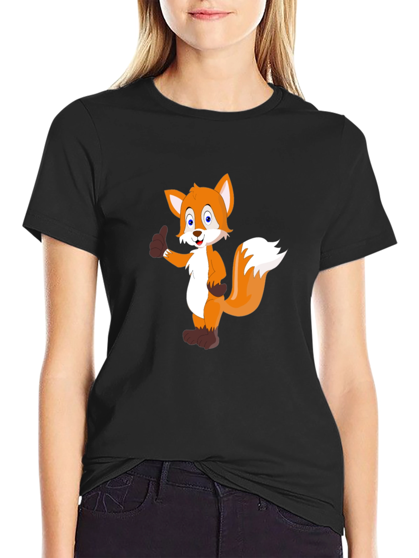 Cartoon Fox Graphic Black T-Shirt