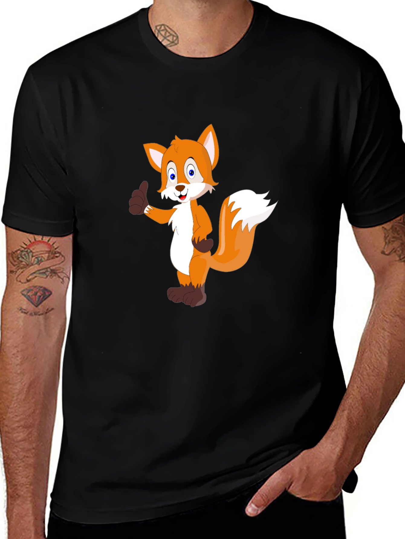 Cartoon Fox Graphic Black T-Shirt