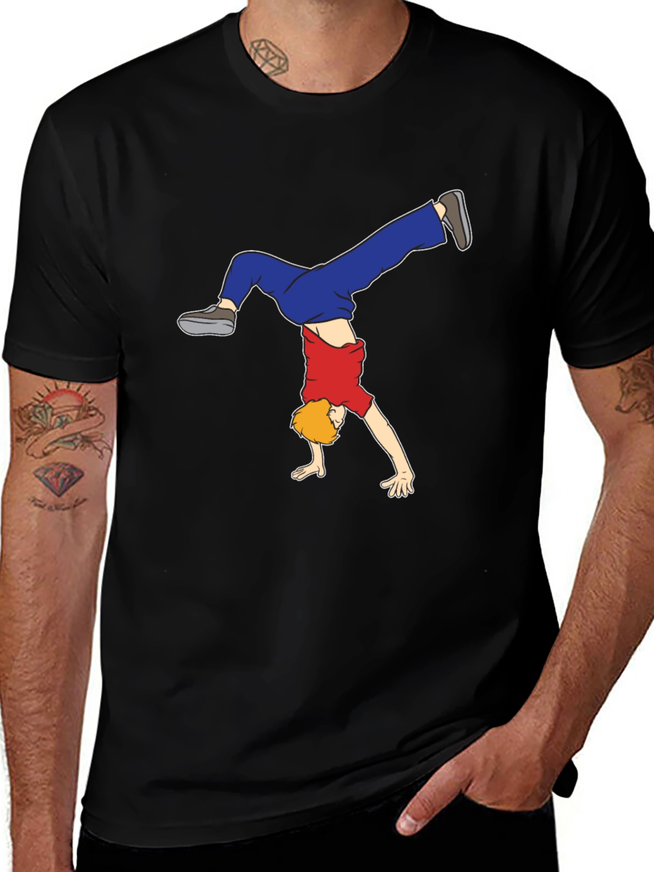 Cartoon Handstand Graphic Black T-Shirt