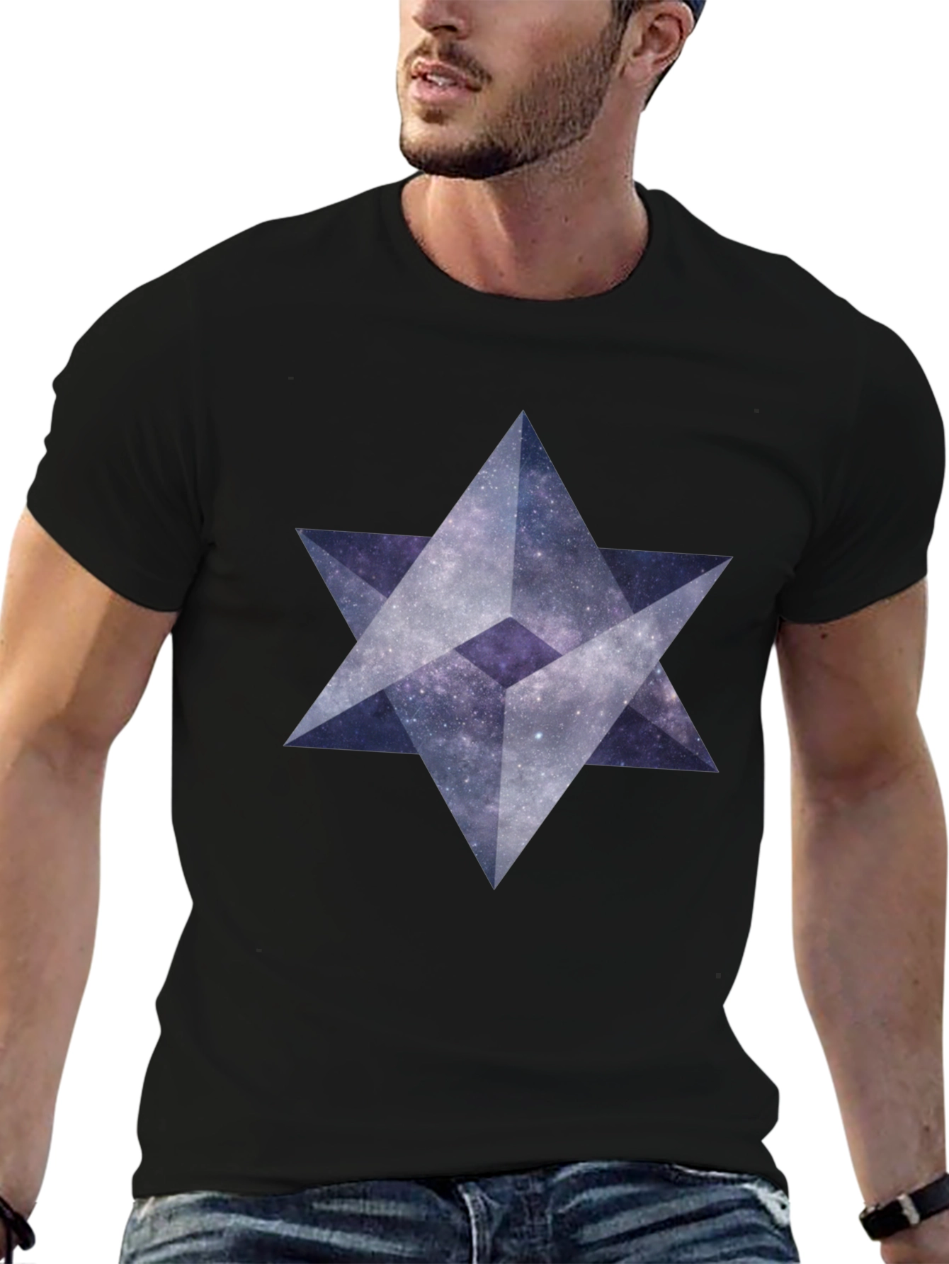 Geometric Star Galaxy Print Black T-Shirt