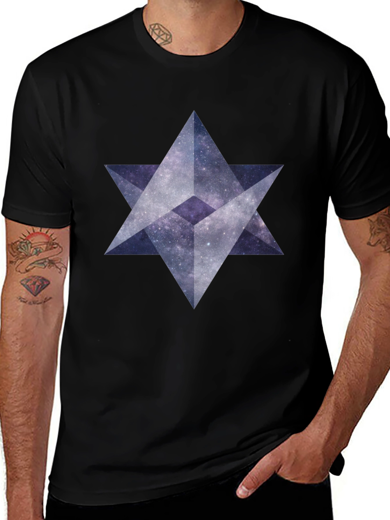 Geometric Star Galaxy Print Black T-Shirt