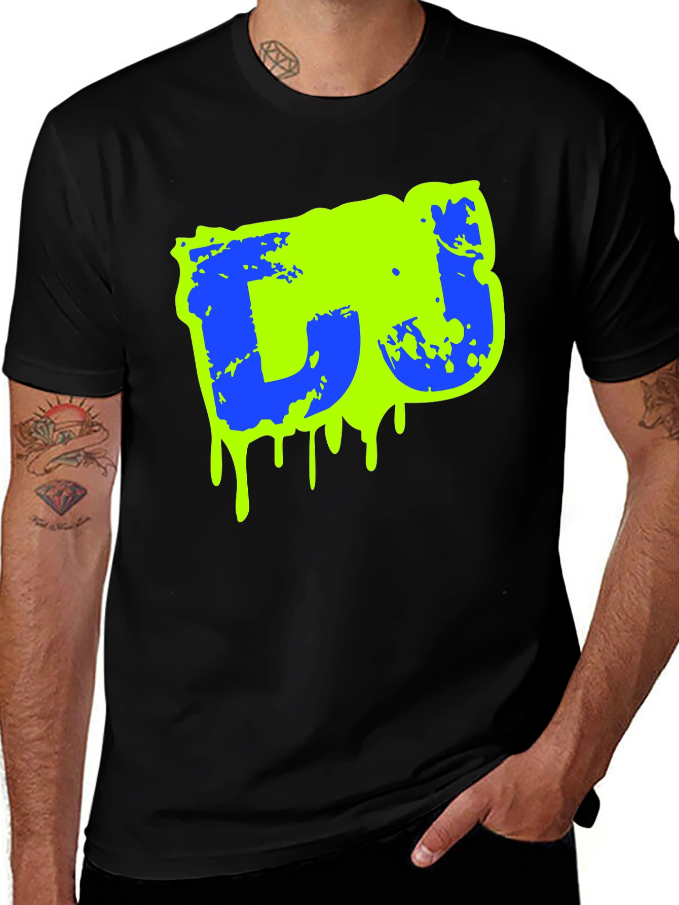 Mens Black Graphic T-Shirt - Neon Drip Design
