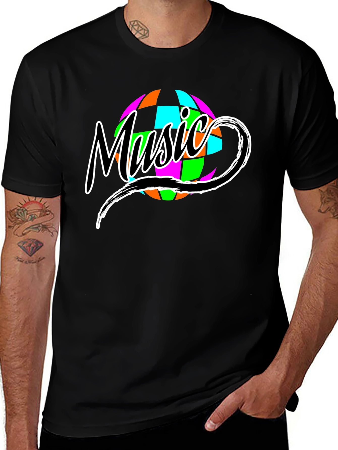 Retro Music Globe Graphic T-Shirt - Classic Black Tee