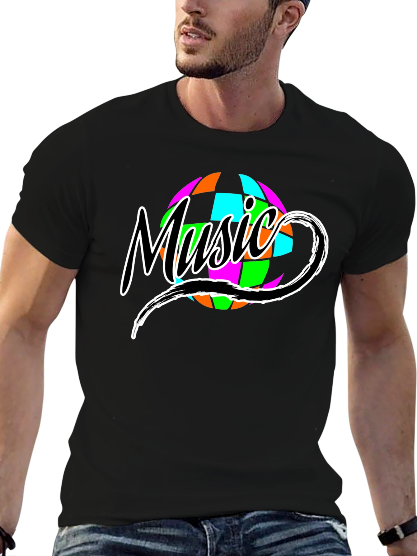Retro Music Globe Graphic T-Shirt - Classic Black Tee