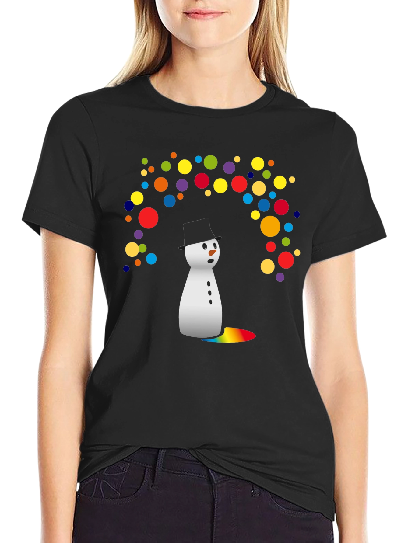 Snowman Rainbow Tears Graphic Tee - Black Cotton Blend
