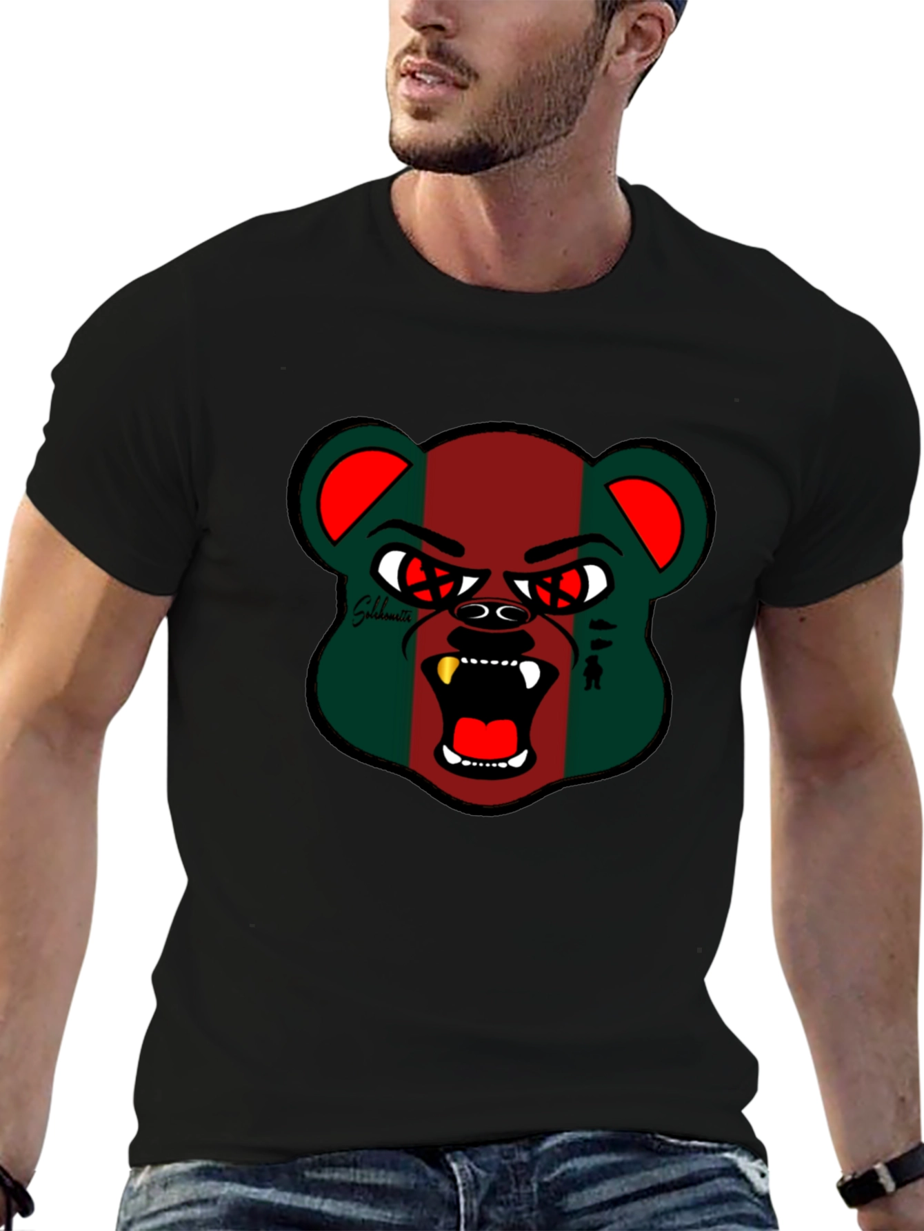 Mens Black Graphic Tee - Bear Design