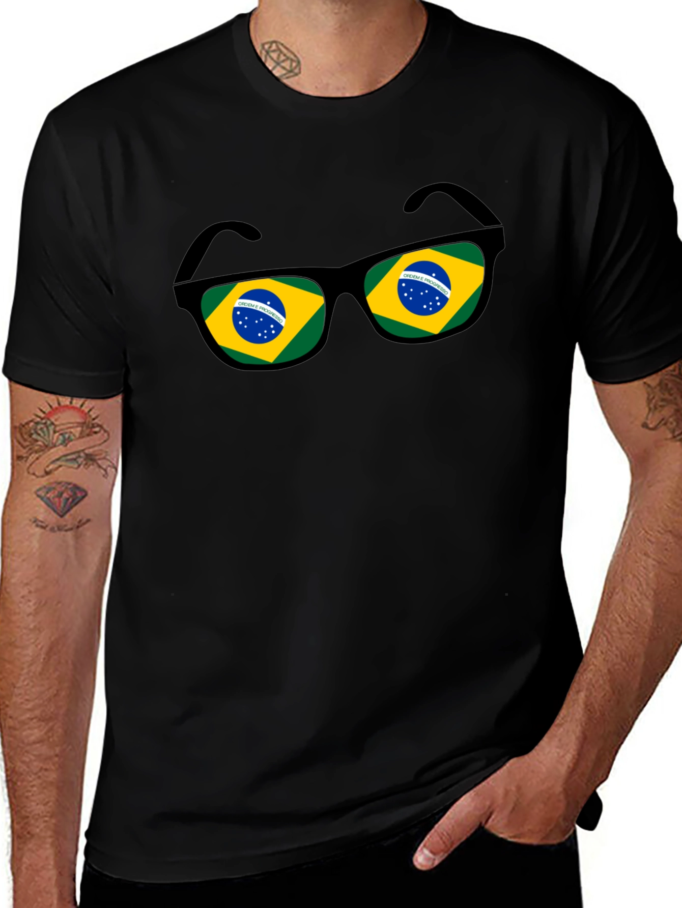 Brazil Flag Sunglasses Graphic Tee - Black Cotton T-Shirt