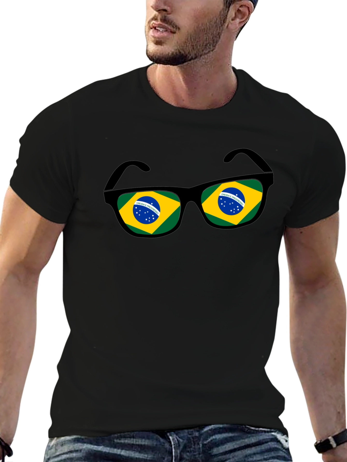 Brazil Flag Sunglasses Graphic Tee - Black Cotton T-Shirt