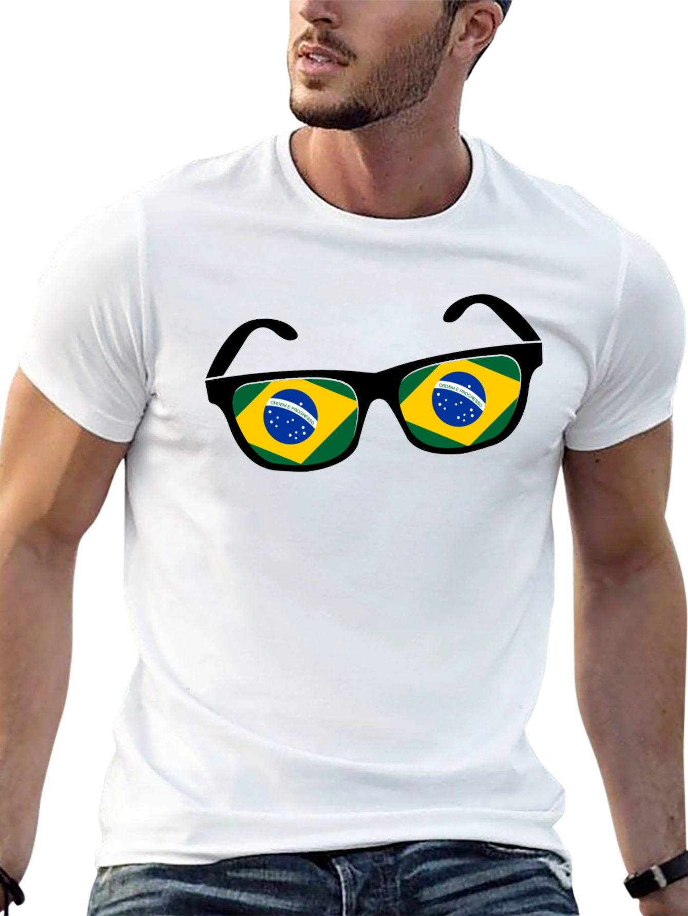 Brazil Flag Sunglasses Graphic Tee - Black Cotton T-Shirt
