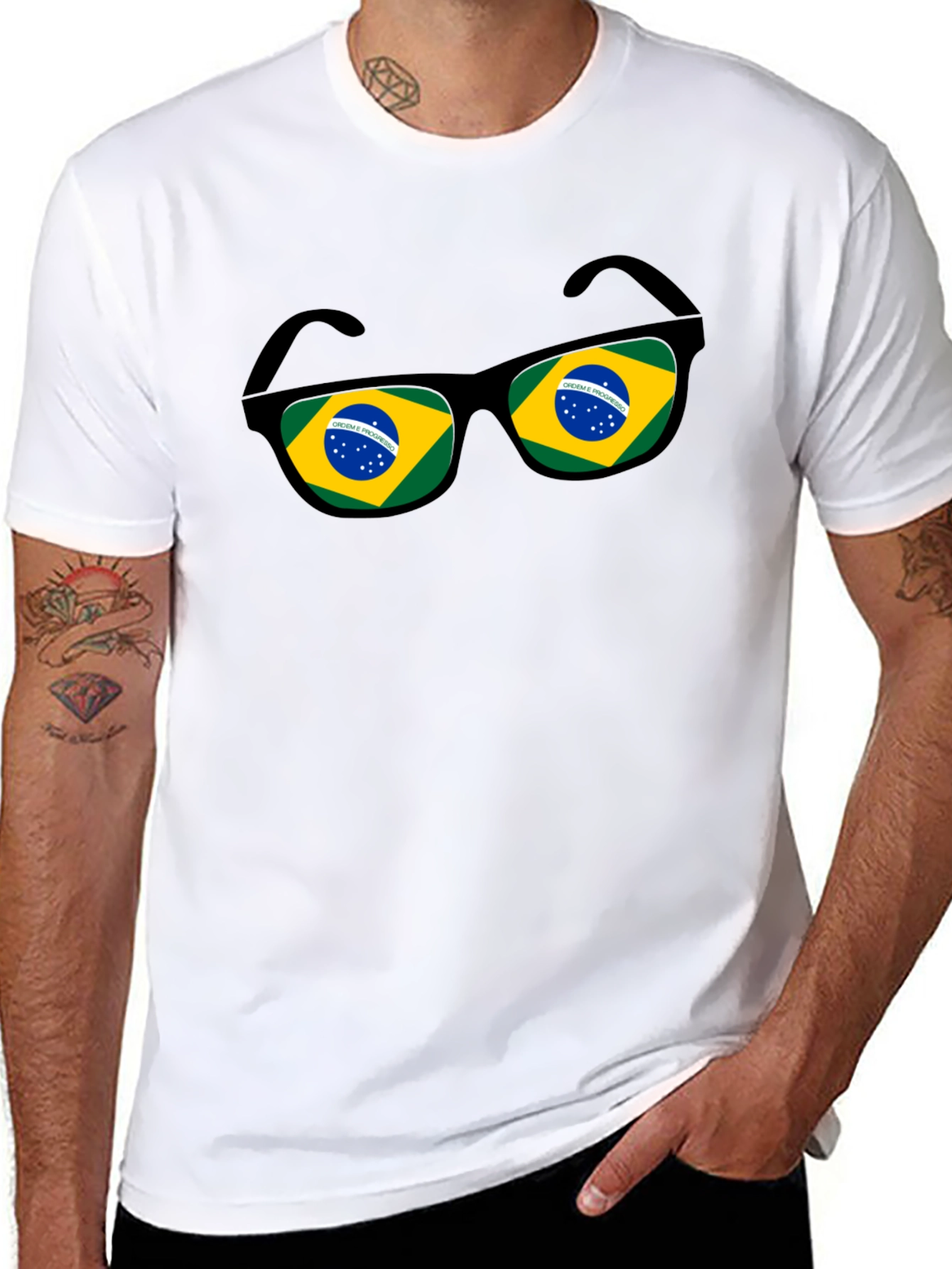 Brazil Flag Sunglasses Graphic Tee - Black Cotton T-Shirt