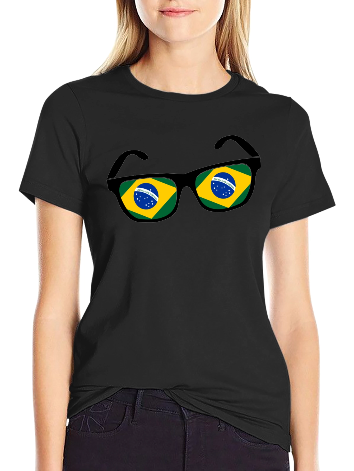 Brazil Flag Sunglasses Graphic Tee - Black Cotton T-Shirt
