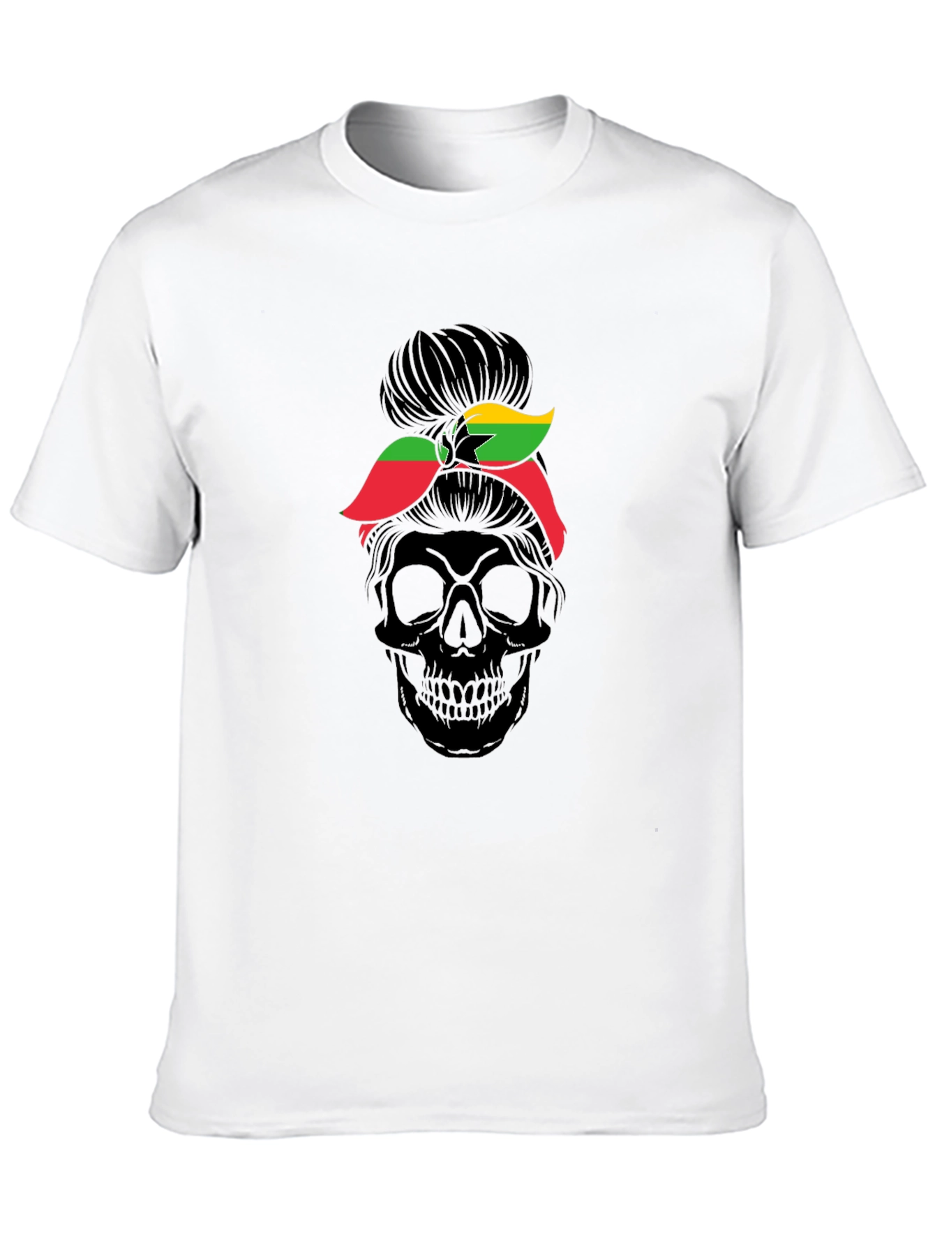 Skull Messy Bun Ghana Flag T-Shirt