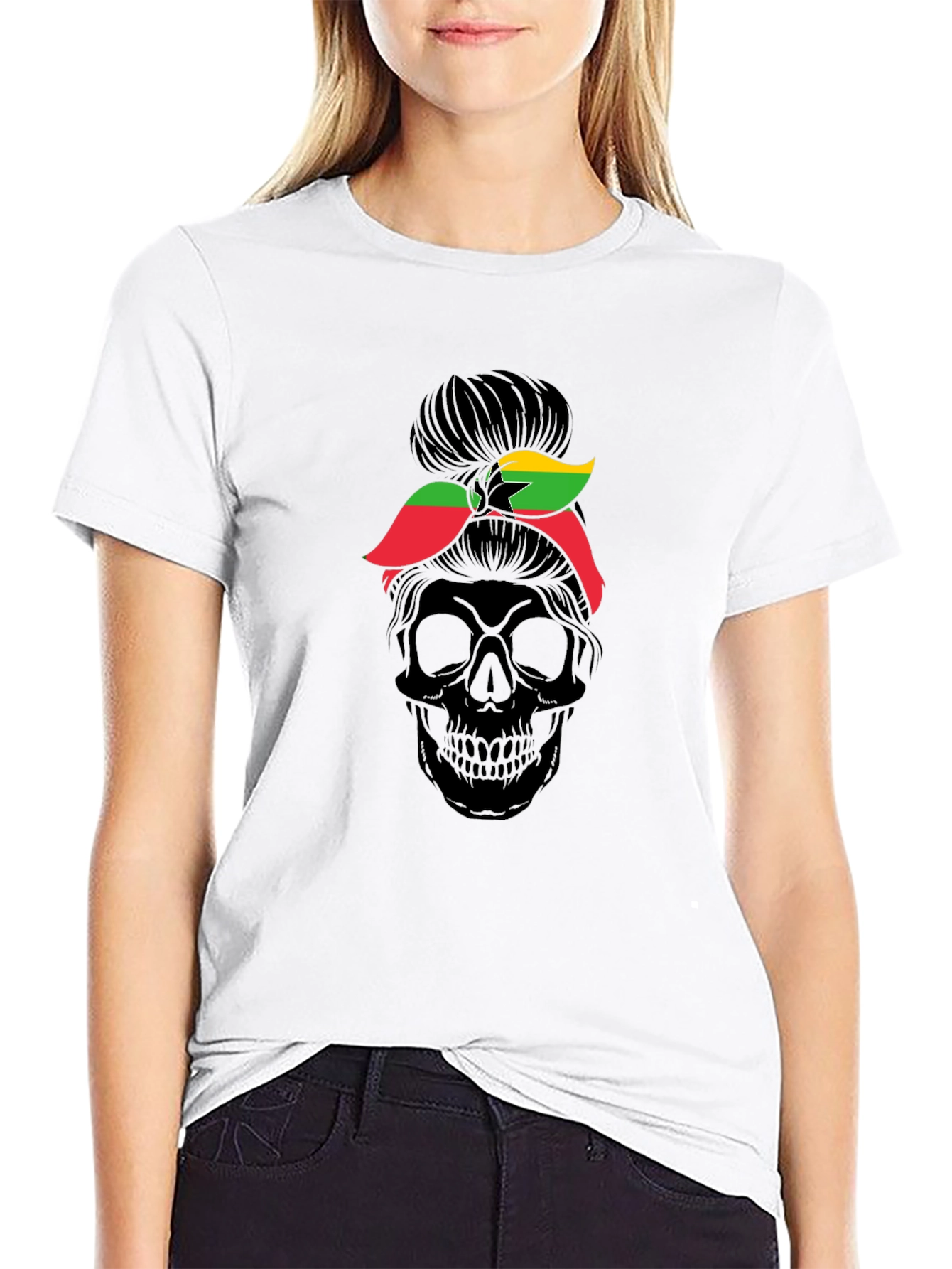 Skull Messy Bun Ghana Flag T-Shirt
