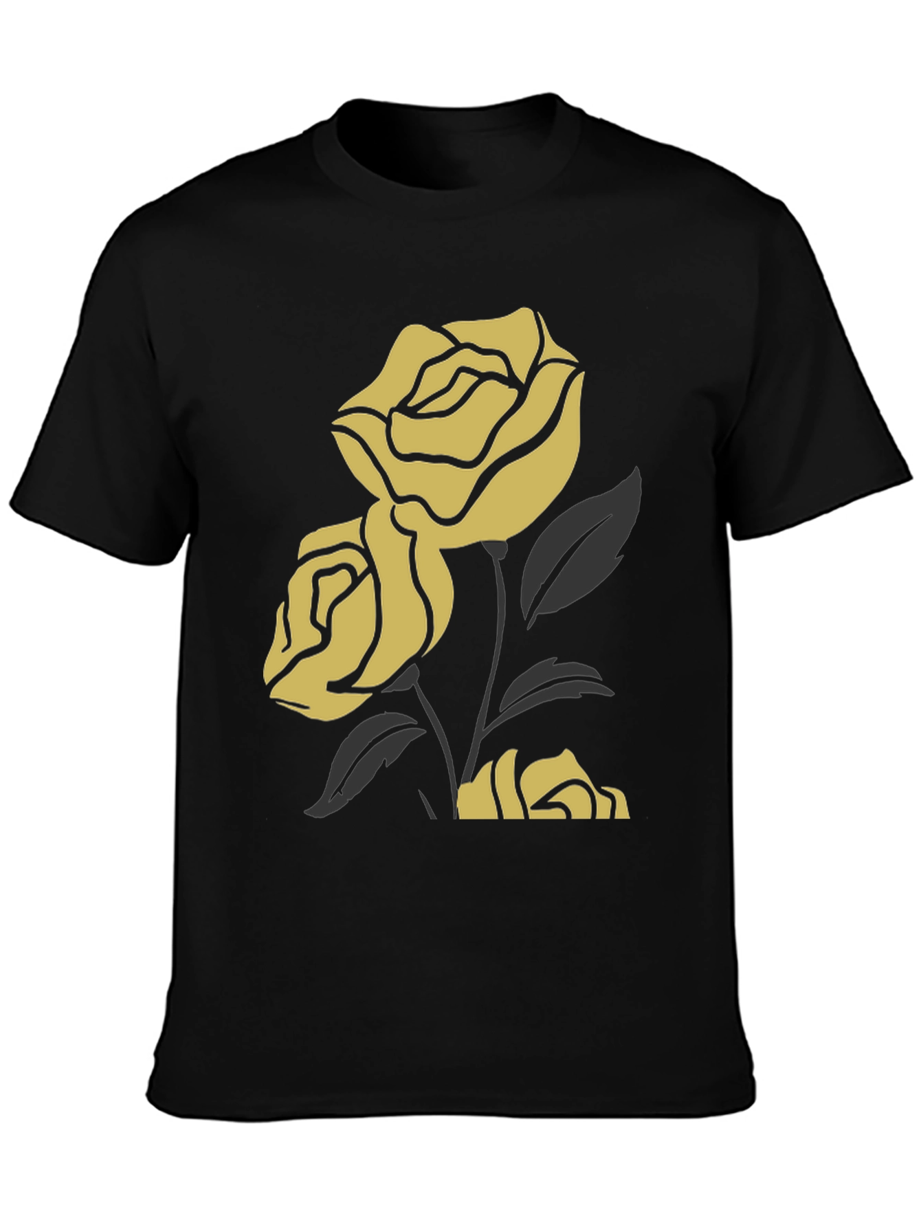 Black T-Shirt with Gold Rose Design