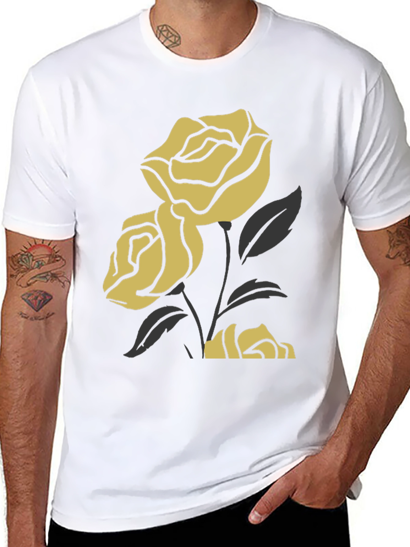 Black T-Shirt with Gold Rose Design