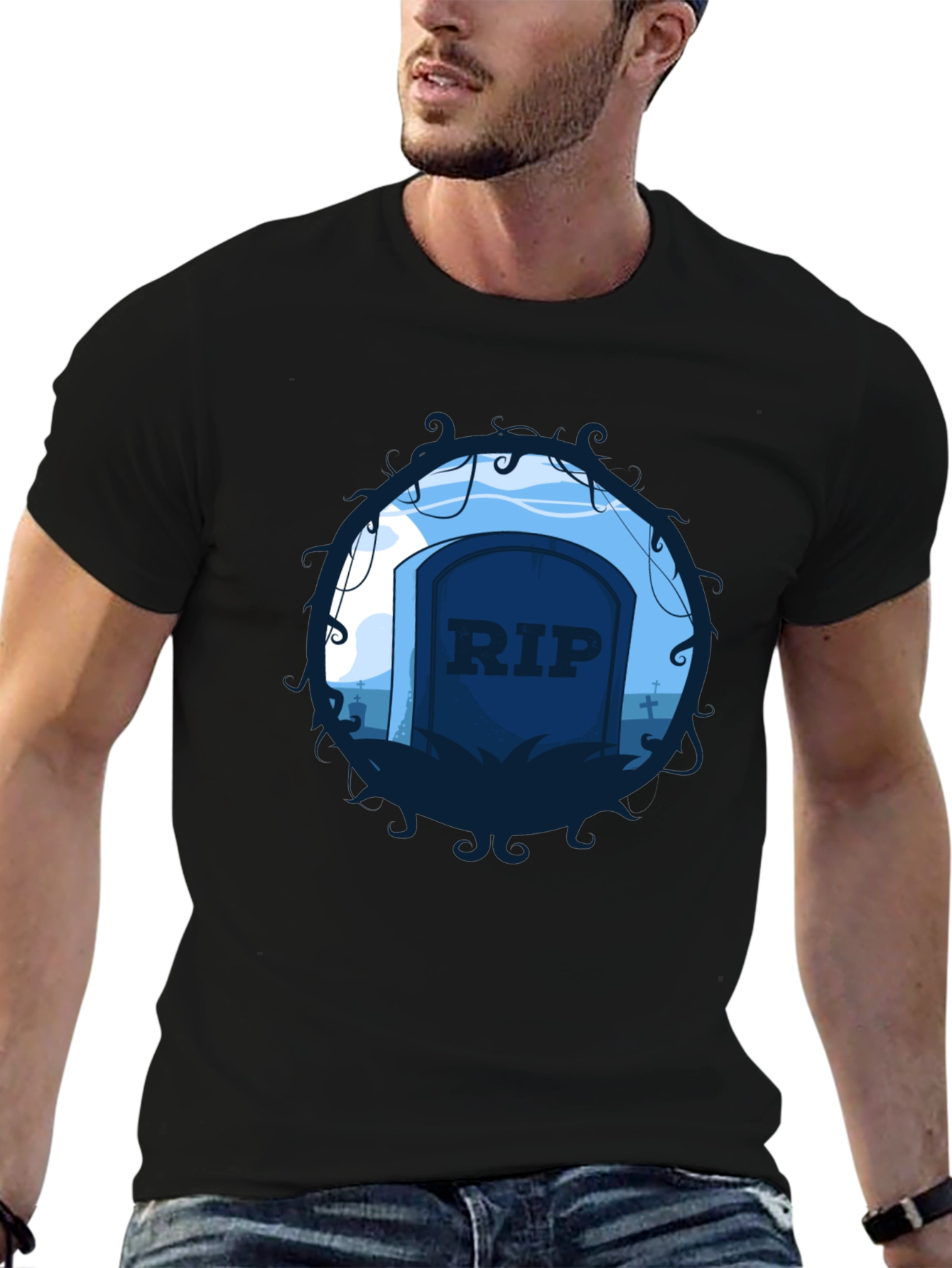 RIP Tombstone Graphic Print Black T-Shirt
