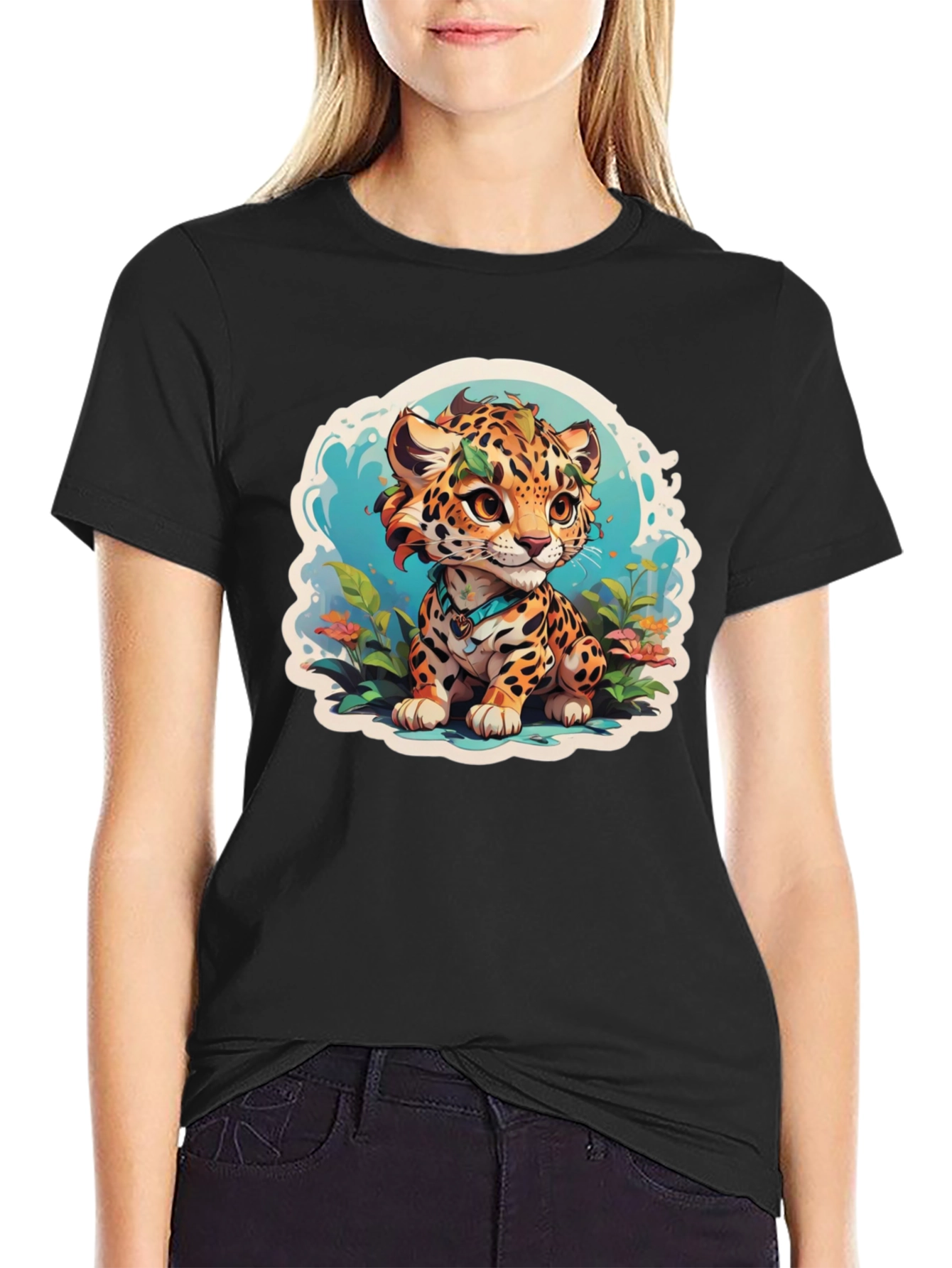 Cute Jaguar Cub Graphic Tee - Stylish Black T-Shirt
