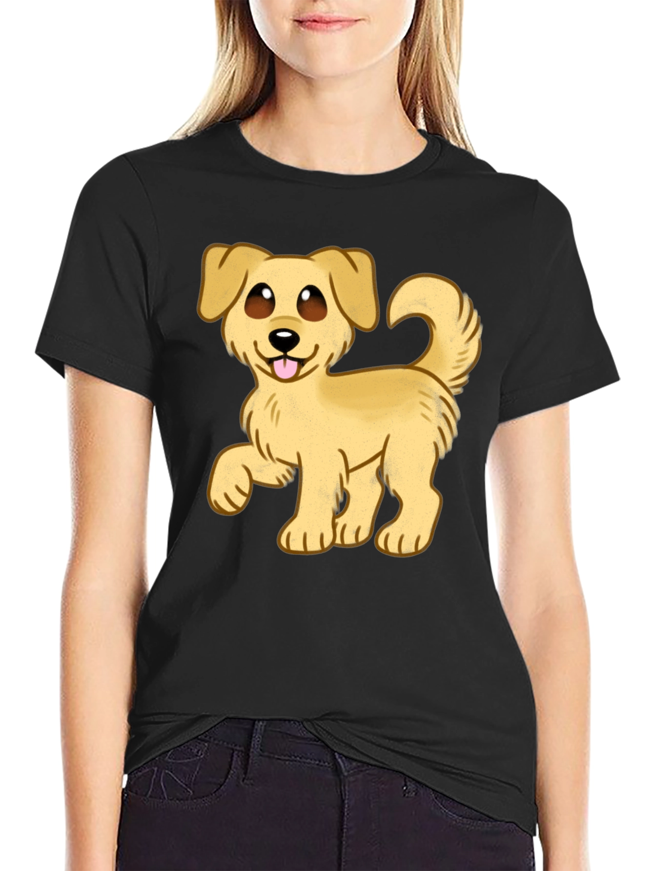 Cartoon Dog Graphic T-Shirt - Black Cotton Blend