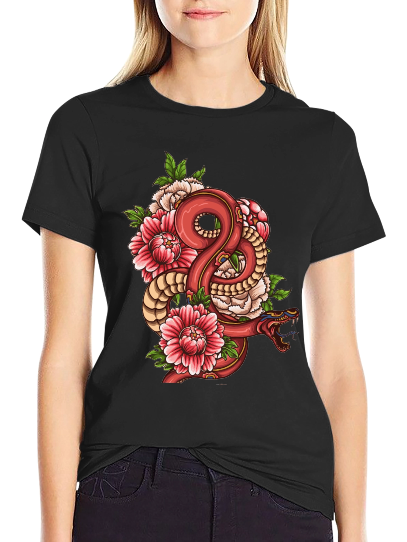 Snake & Floral Graphic Black T-Shirt