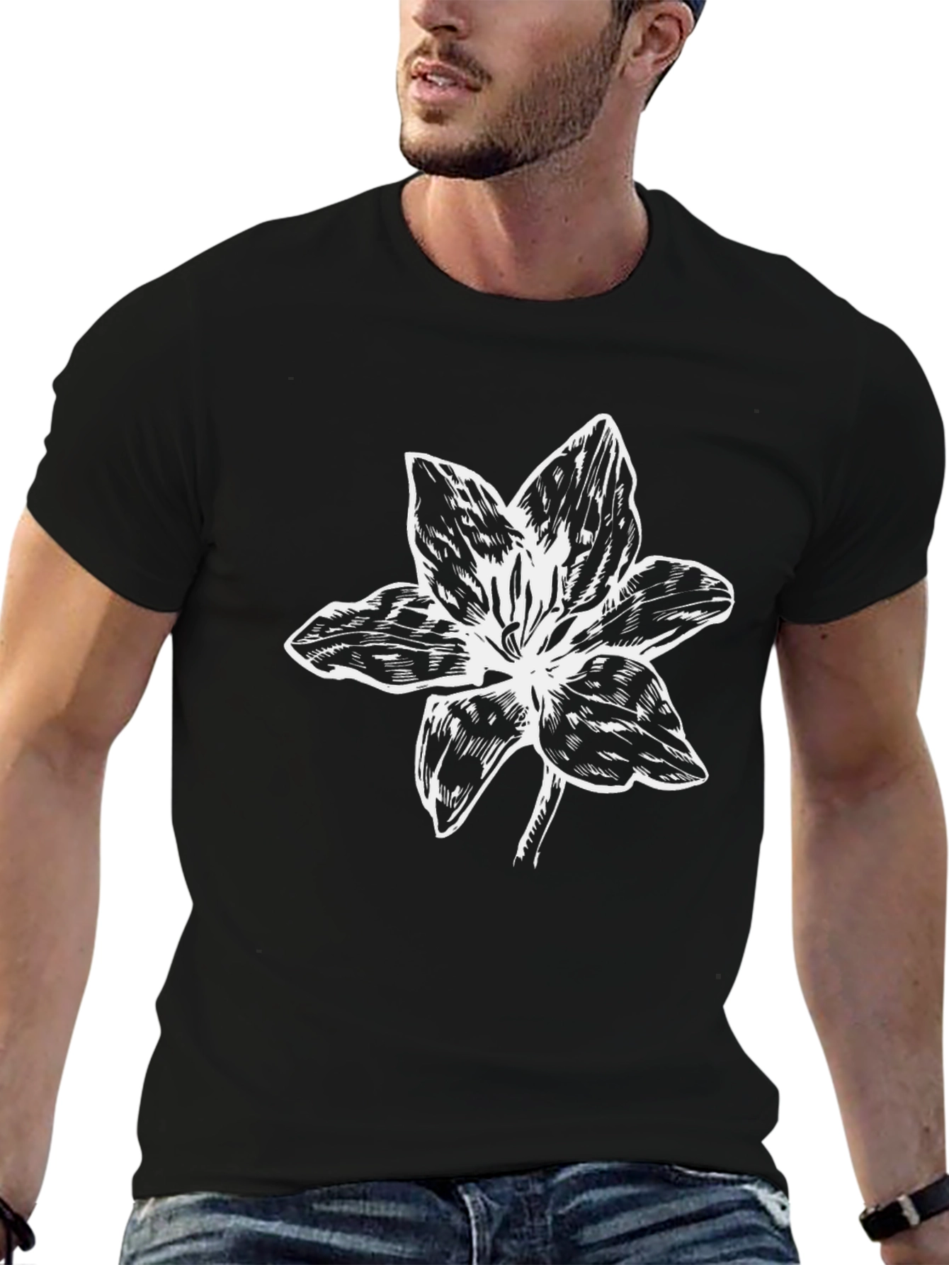Black T-Shirt with White Flower Graphic