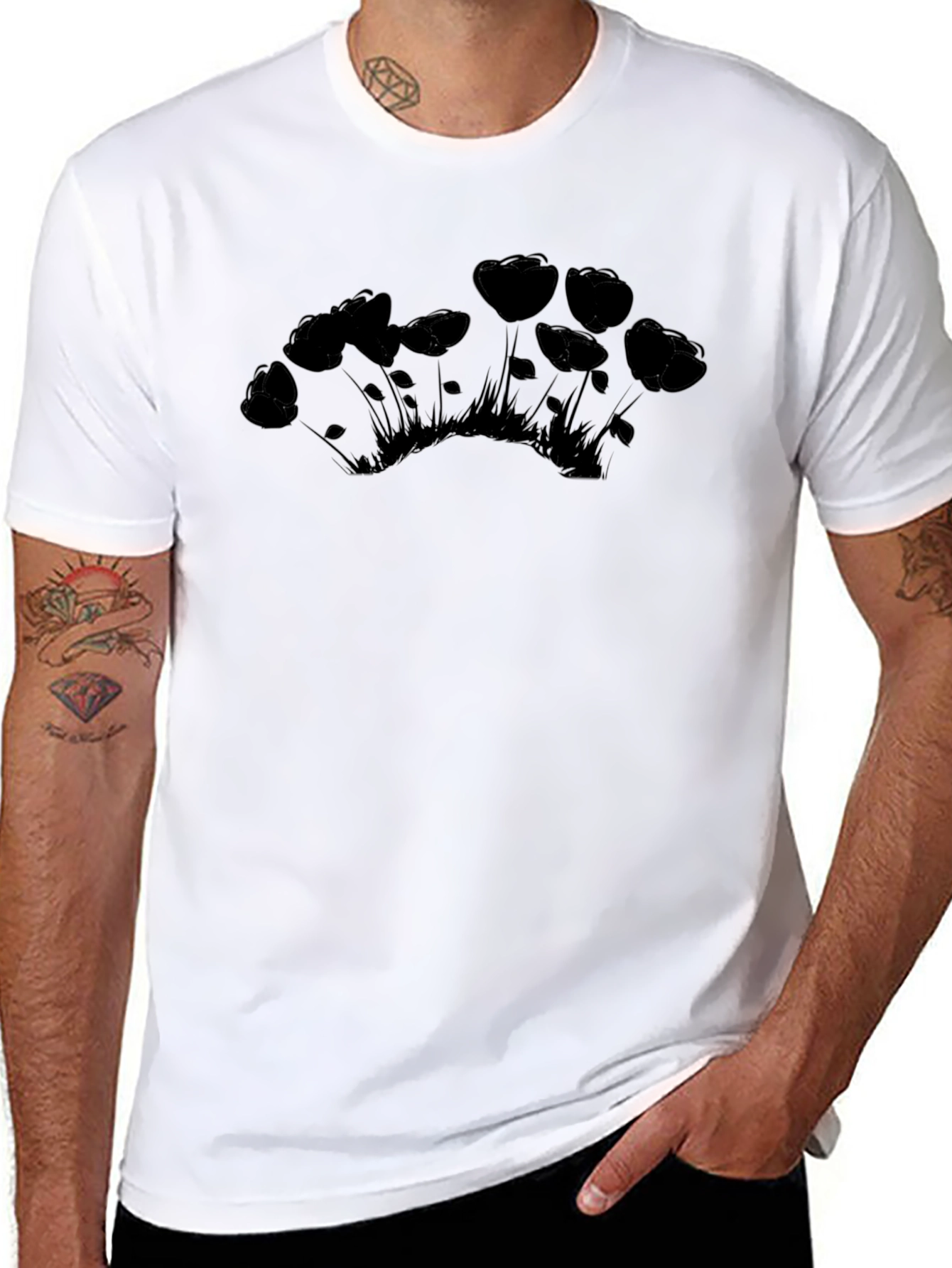 Black T-Shirt with Flower Silhouette Design