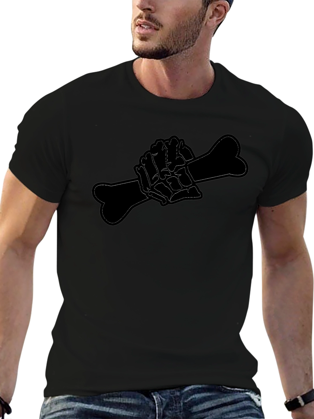 Black Tee with Bone Hand Design