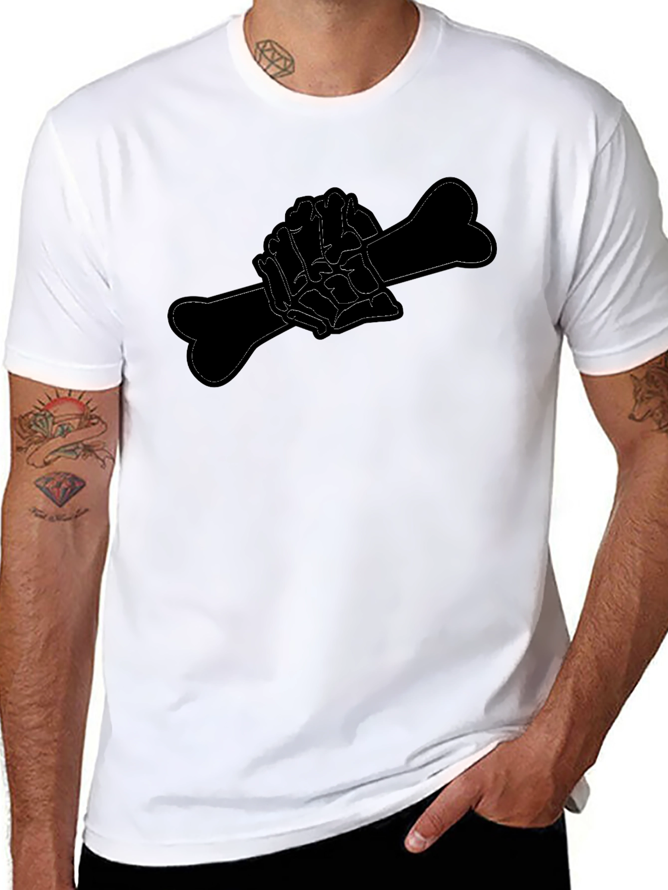 Black Tee with Bone Hand Design