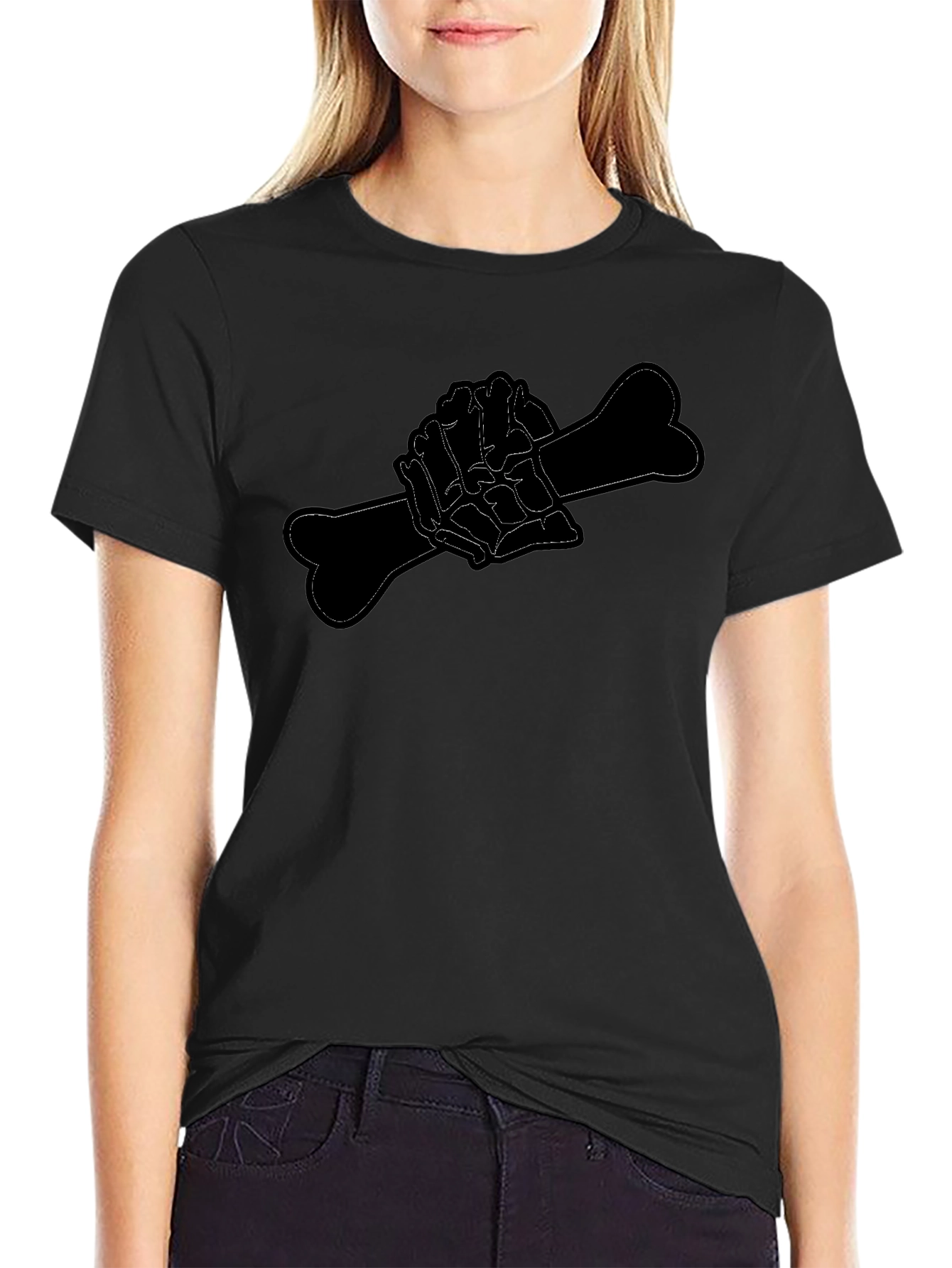 Black Tee with Bone Hand Design