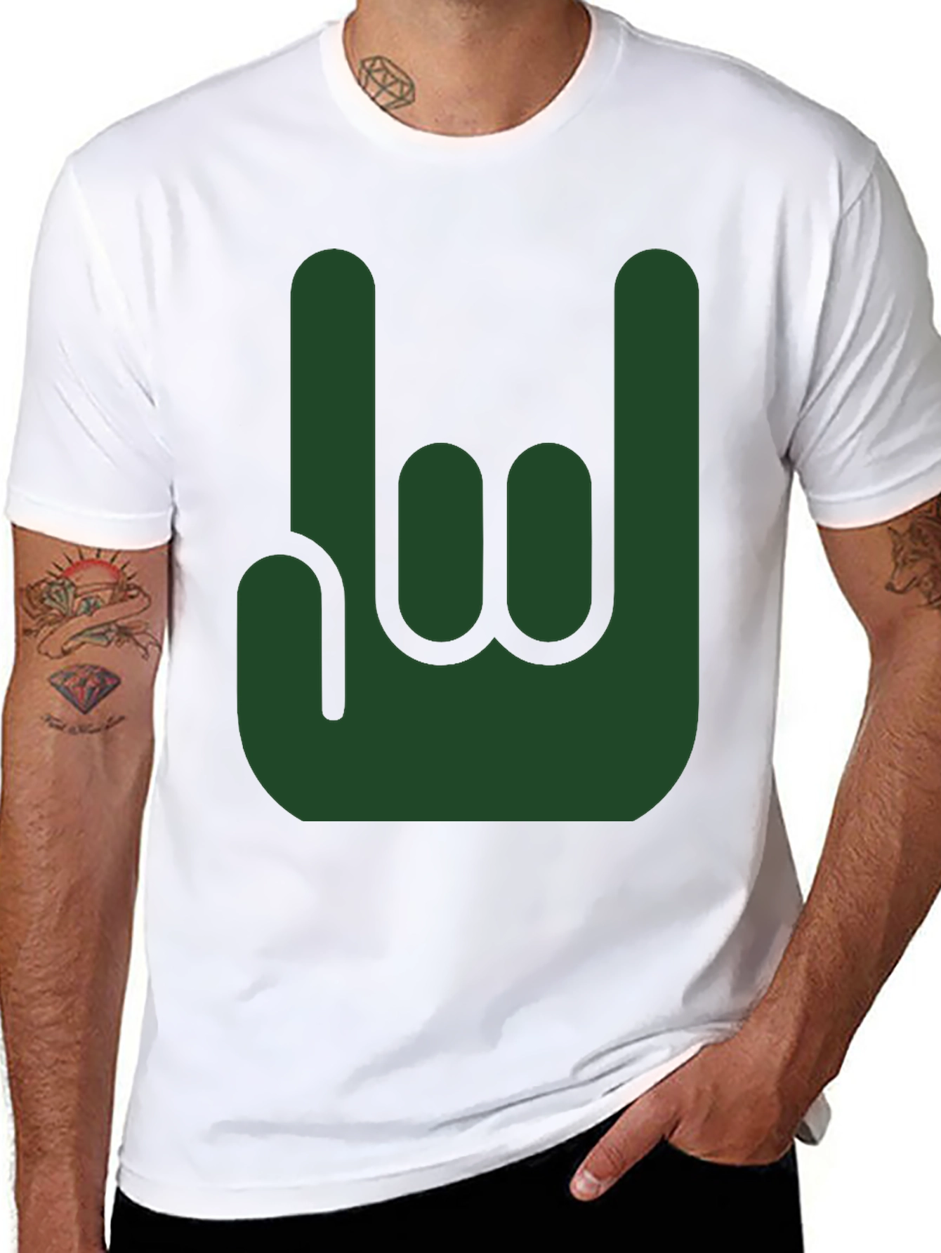 Rock On Green Hand Sign Black T-Shirt