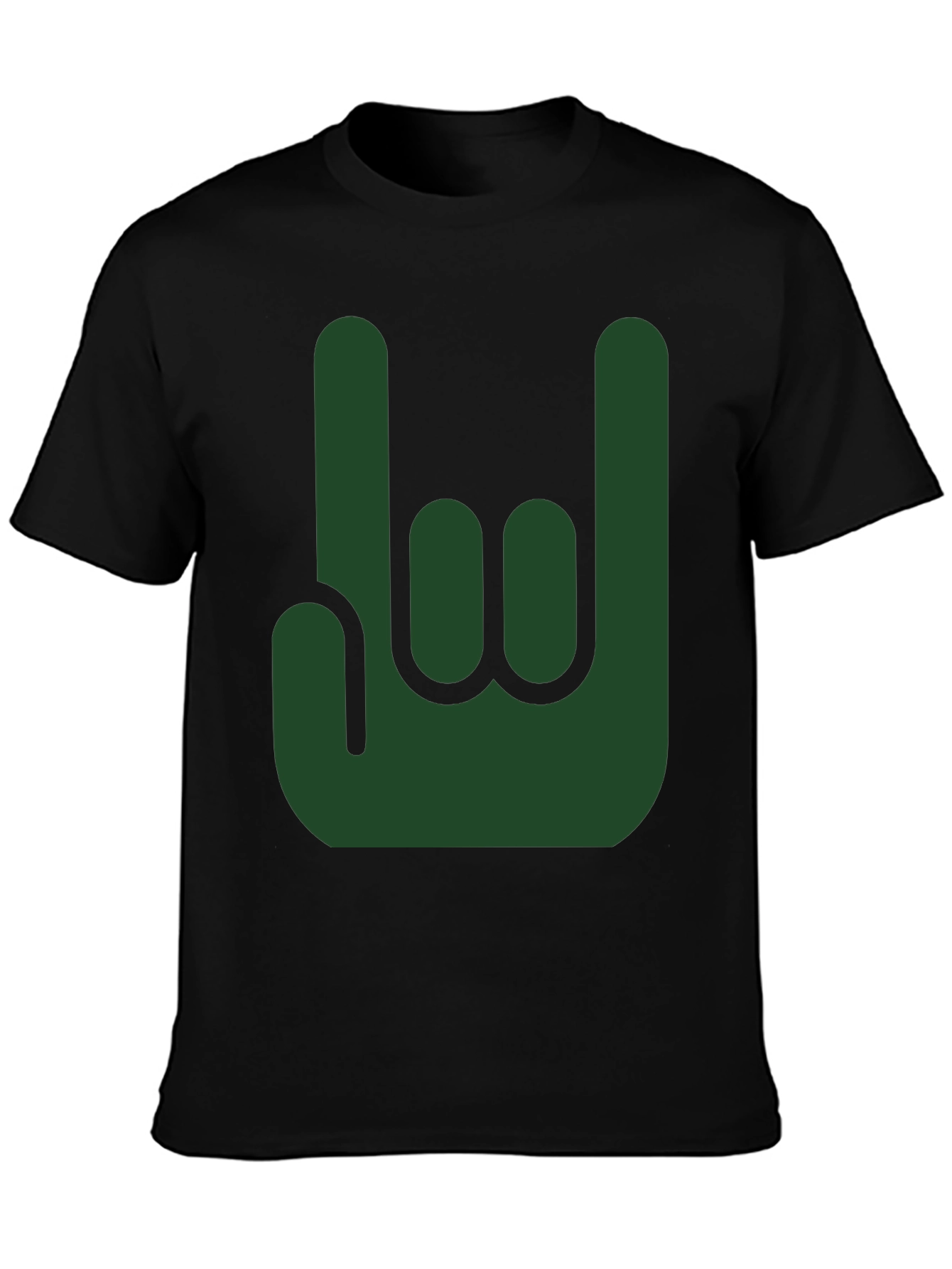 Rock On Green Hand Sign Black T-Shirt