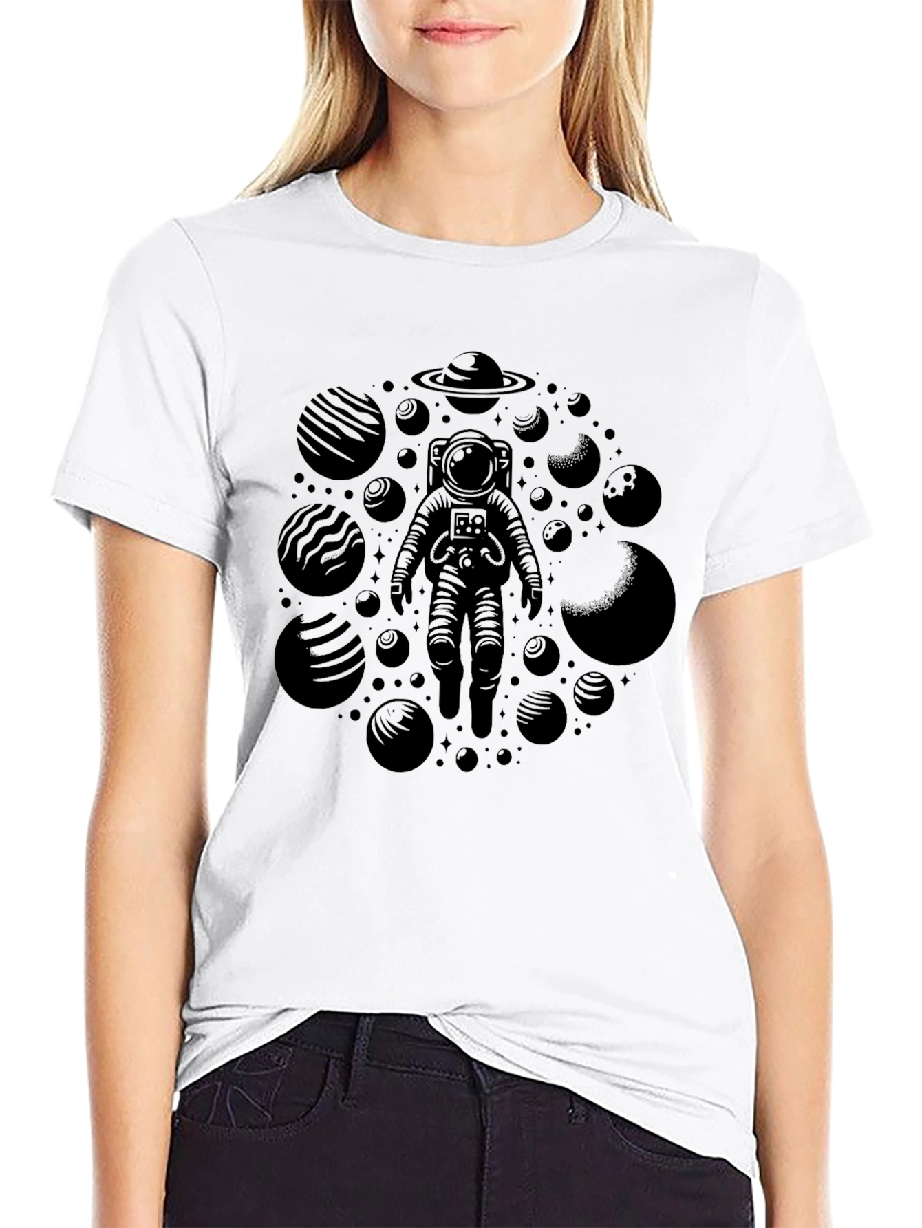 Astronaut & Planets Graphic Tee - Black Crewneck T-Shirt