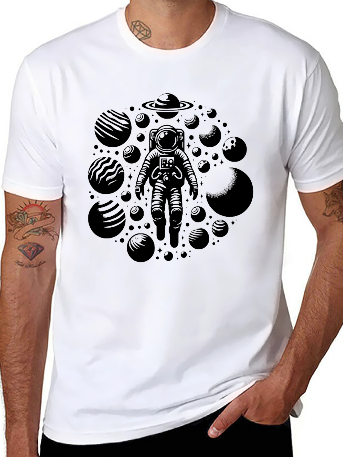 Astronaut & Planets Graphic Tee - Black Crewneck T-Shirt