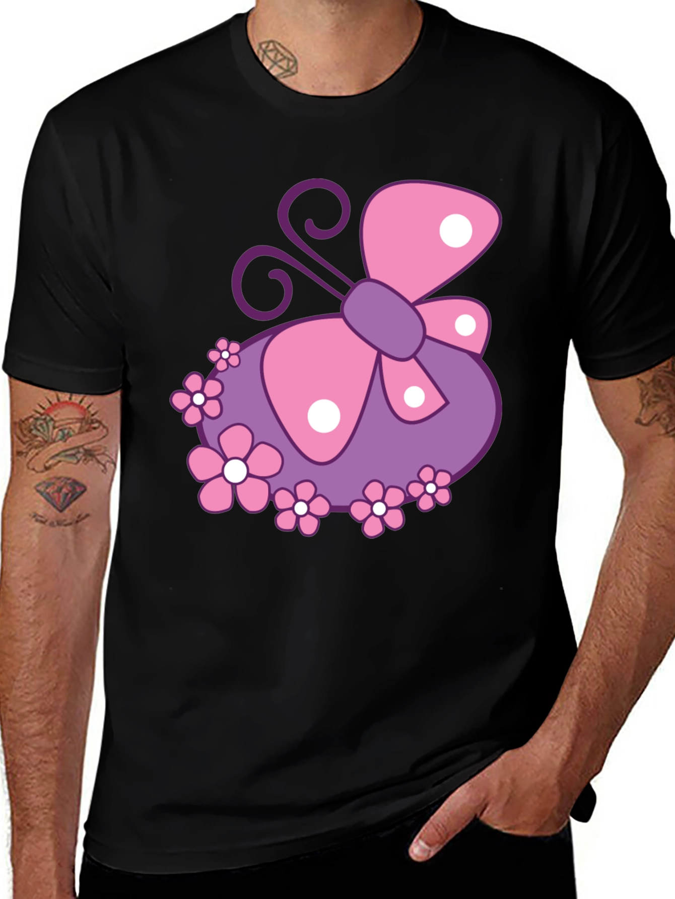 Butterfly & Flowers Graphic Black T-Shirt