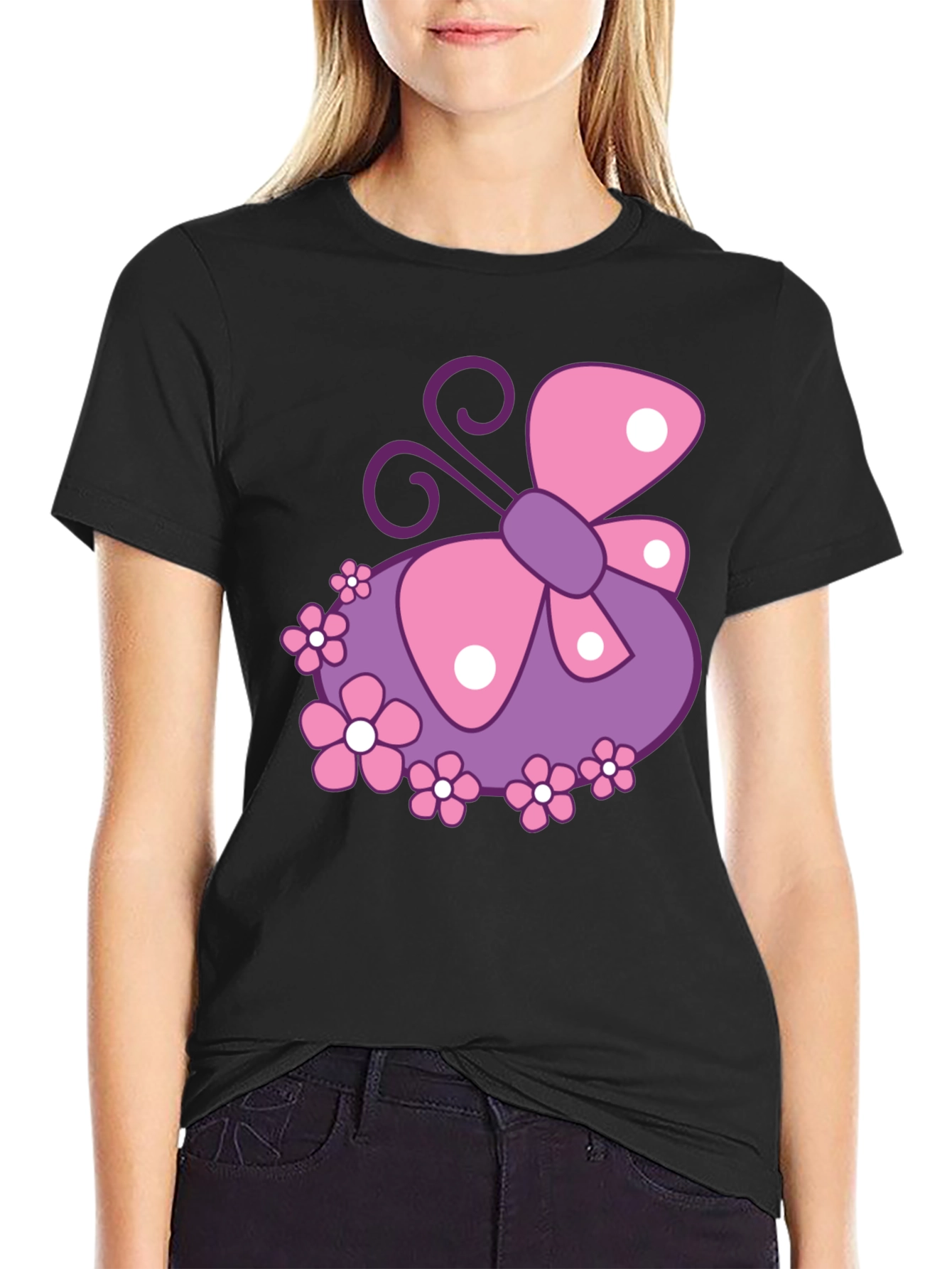 Butterfly & Flowers Graphic Black T-Shirt