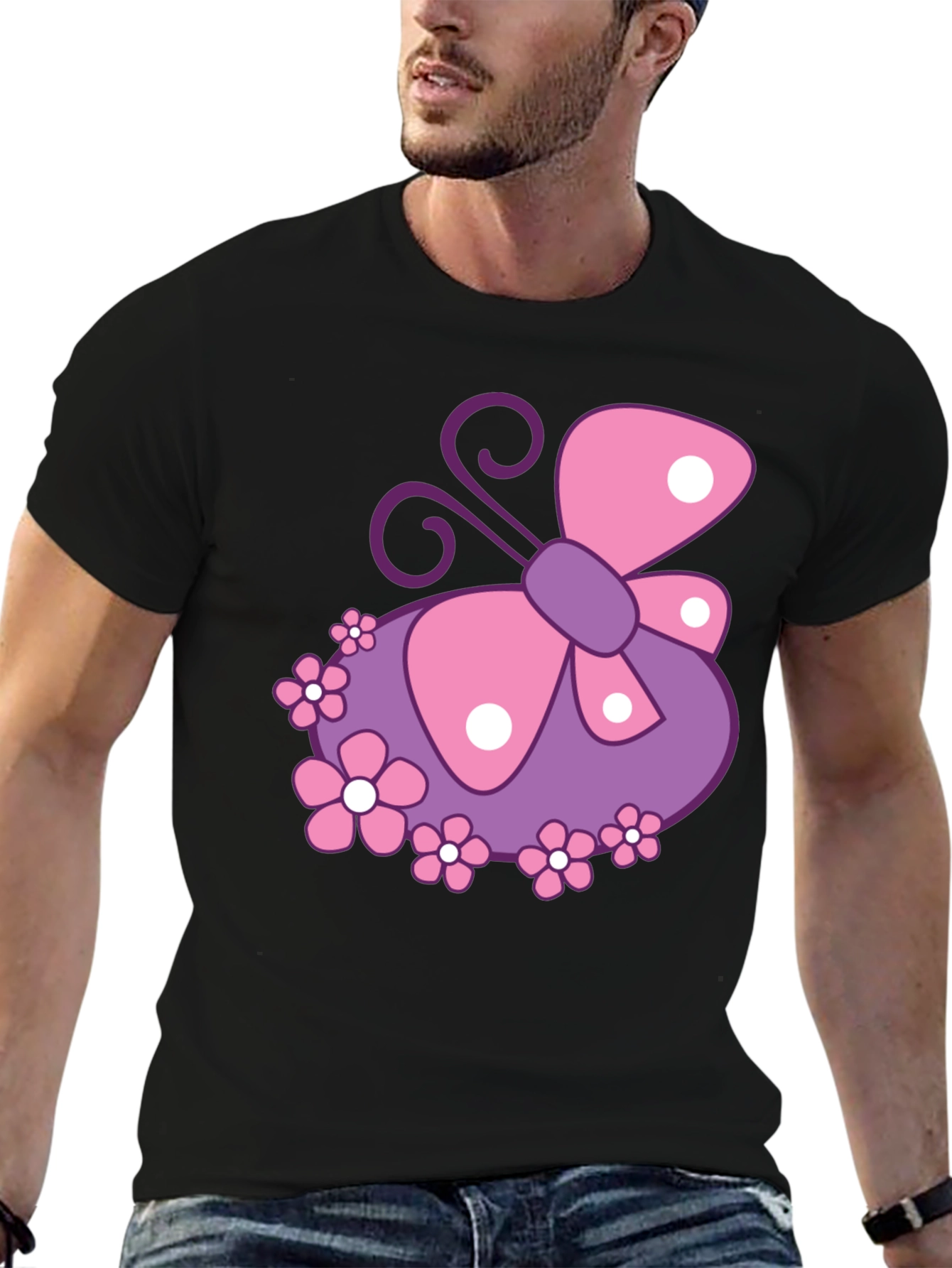 Butterfly & Flowers Graphic Black T-Shirt