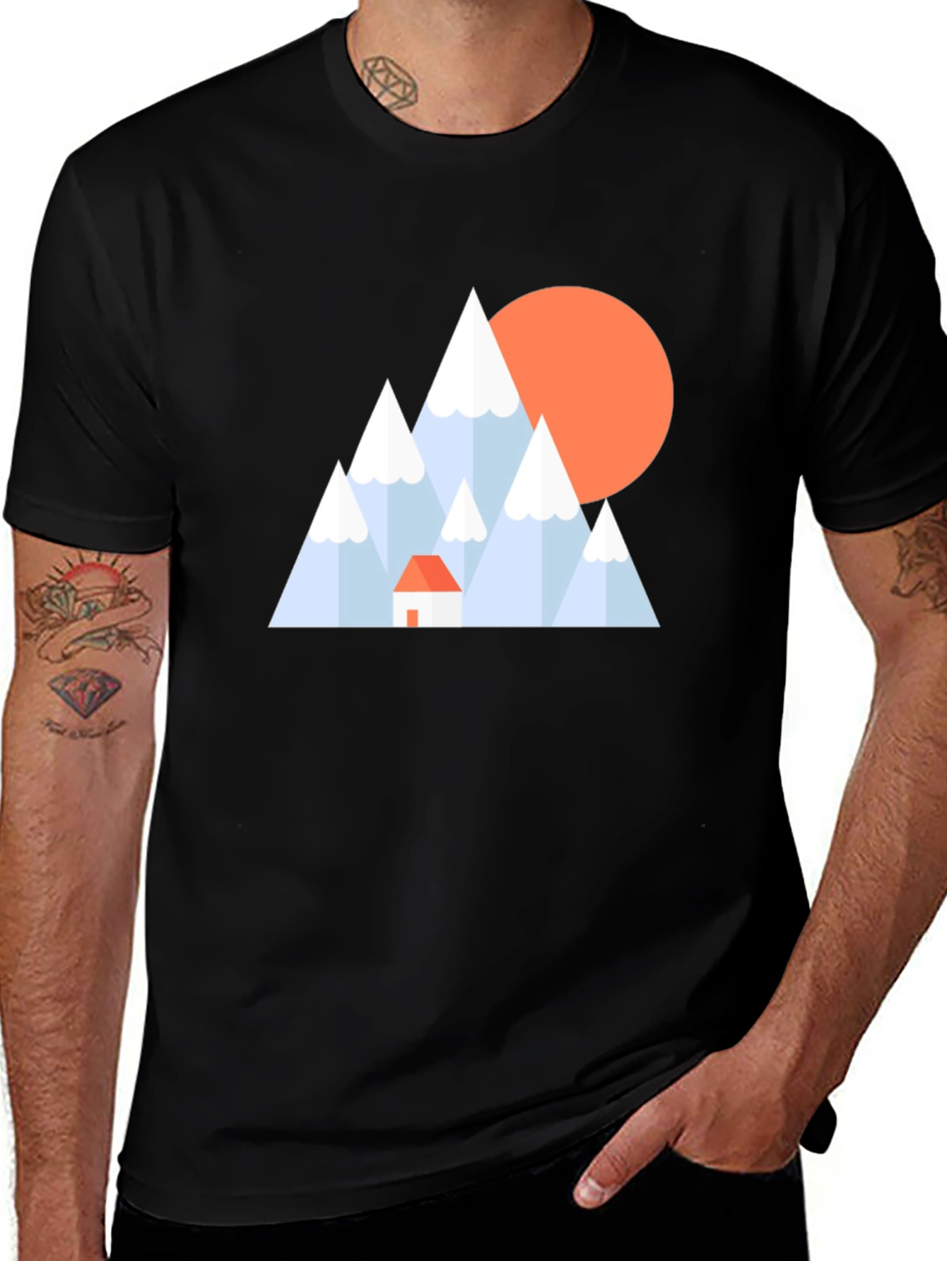Geometric Mountain Scene Black T-Shirt