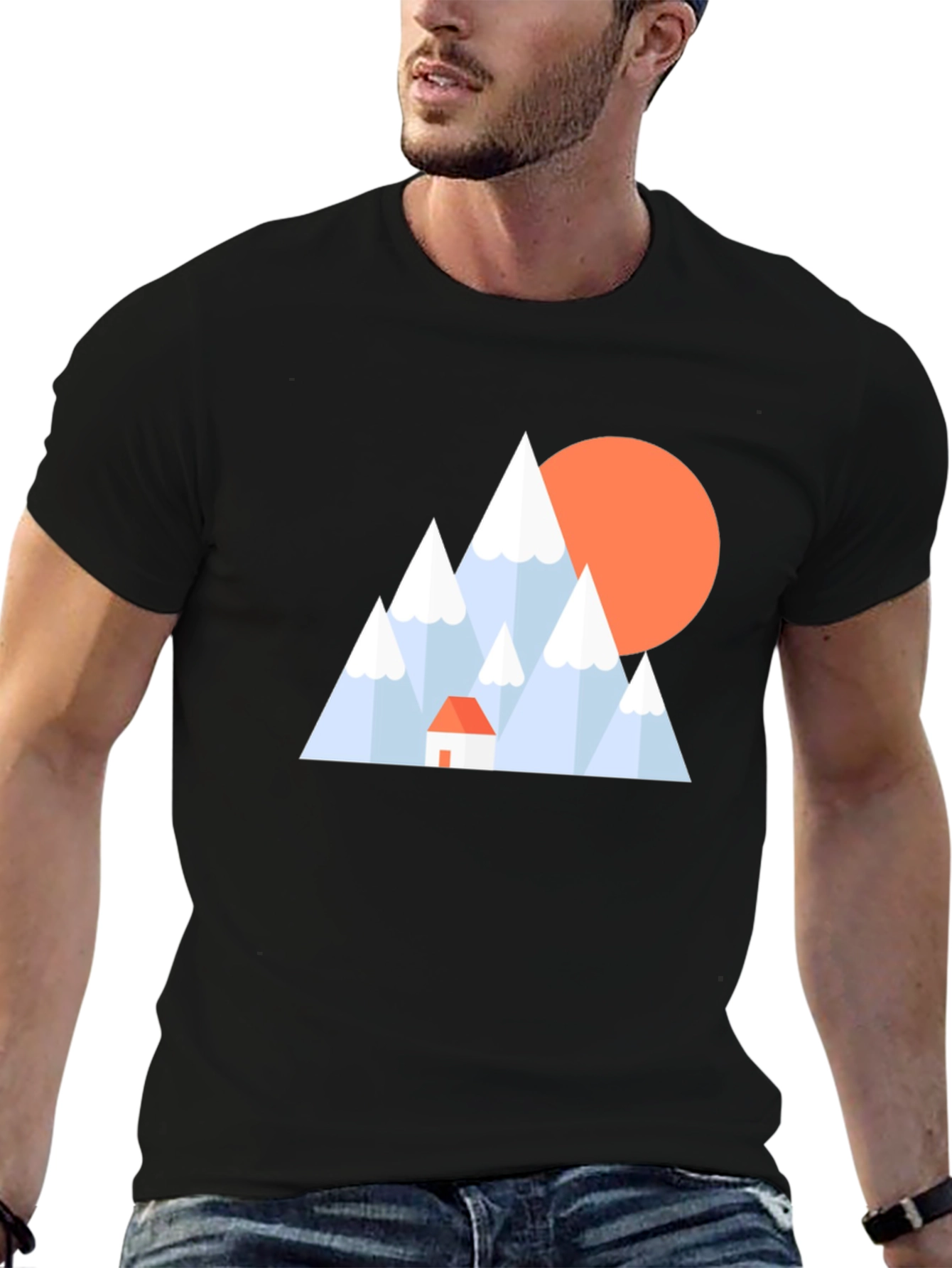 Geometric Mountain Scene Black T-Shirt