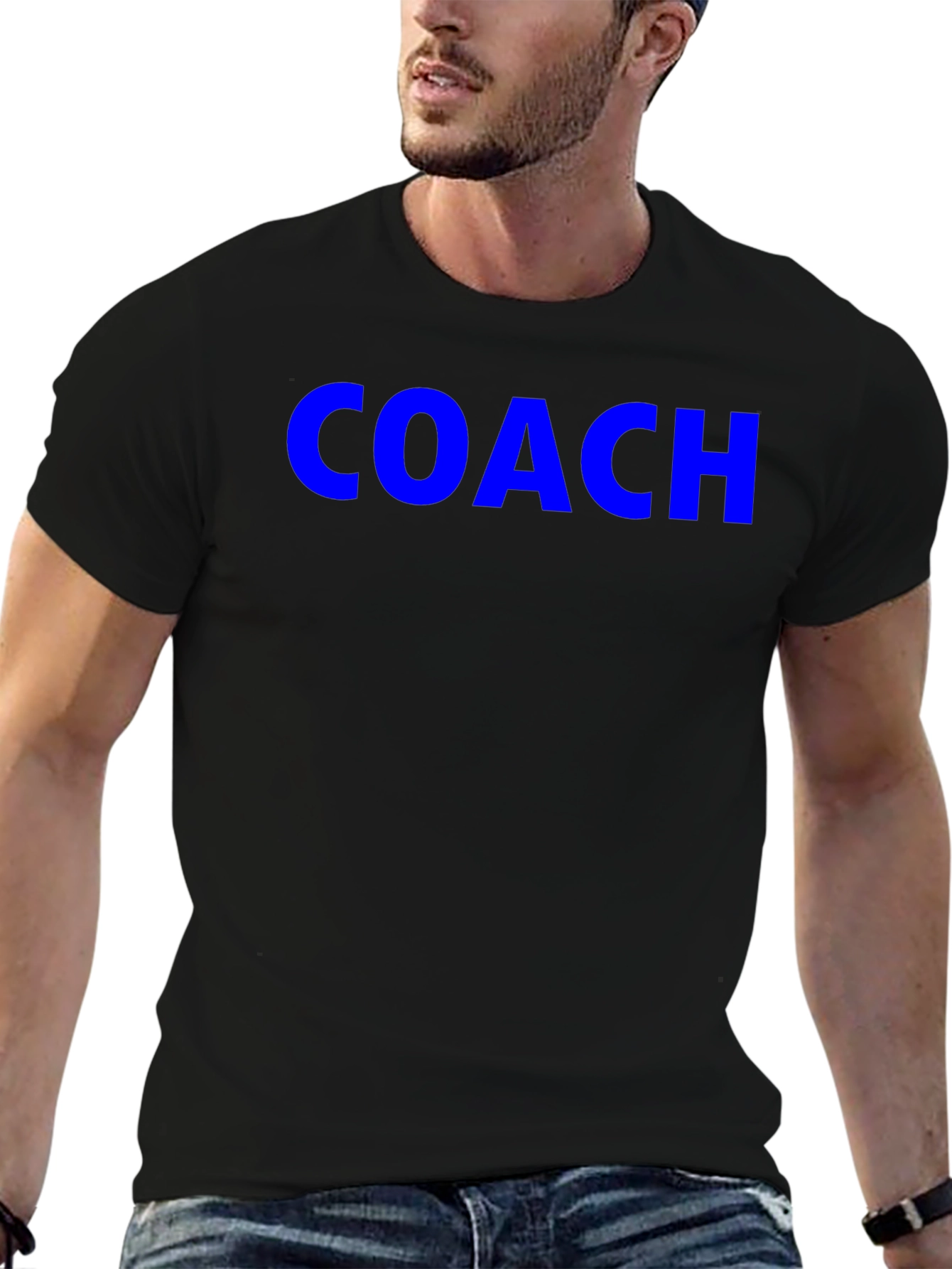 Coach Tee - Bold Blue Text on Black Shirt