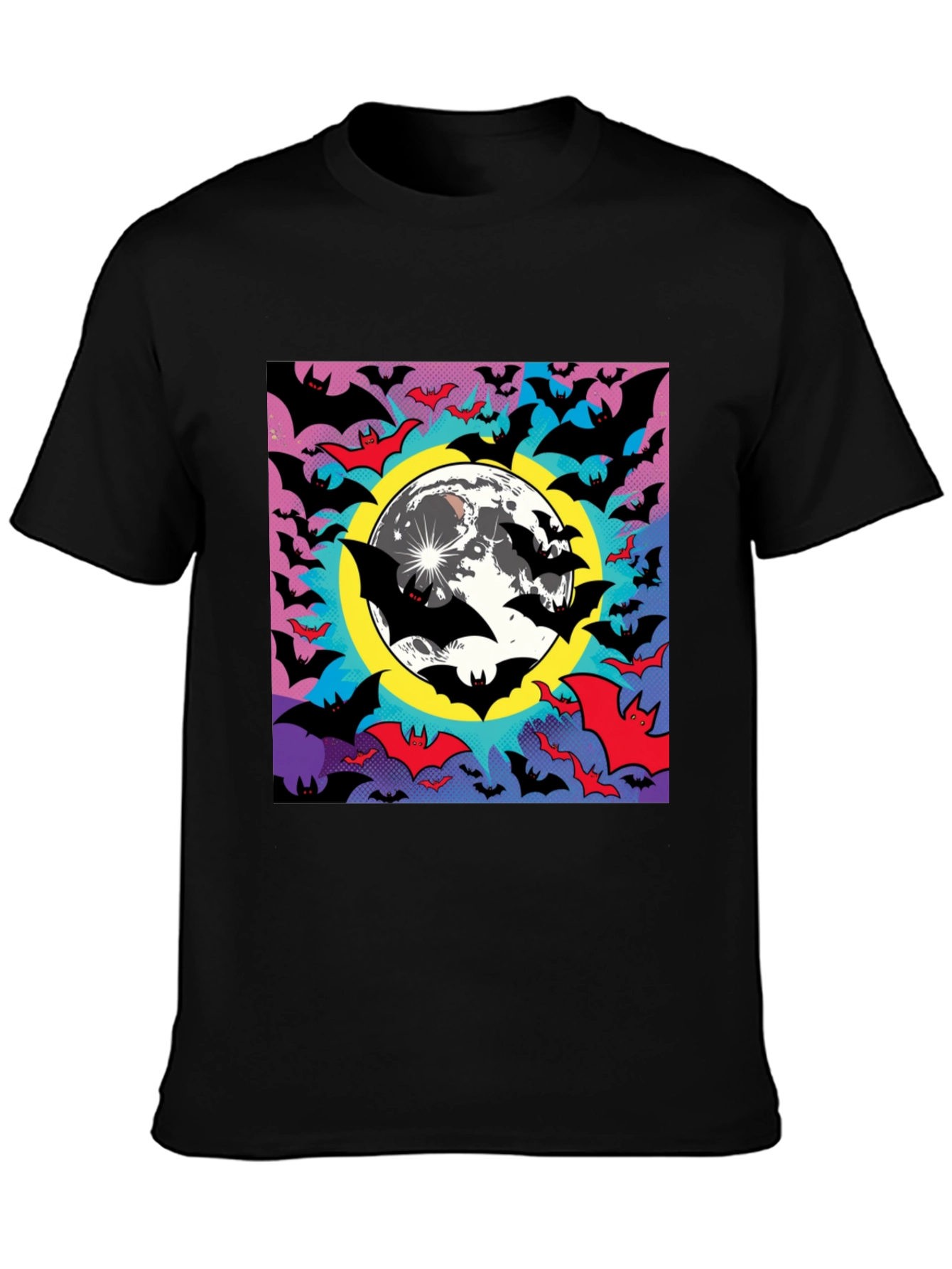 Halloween Bats & Moon Graphic Tee - Black