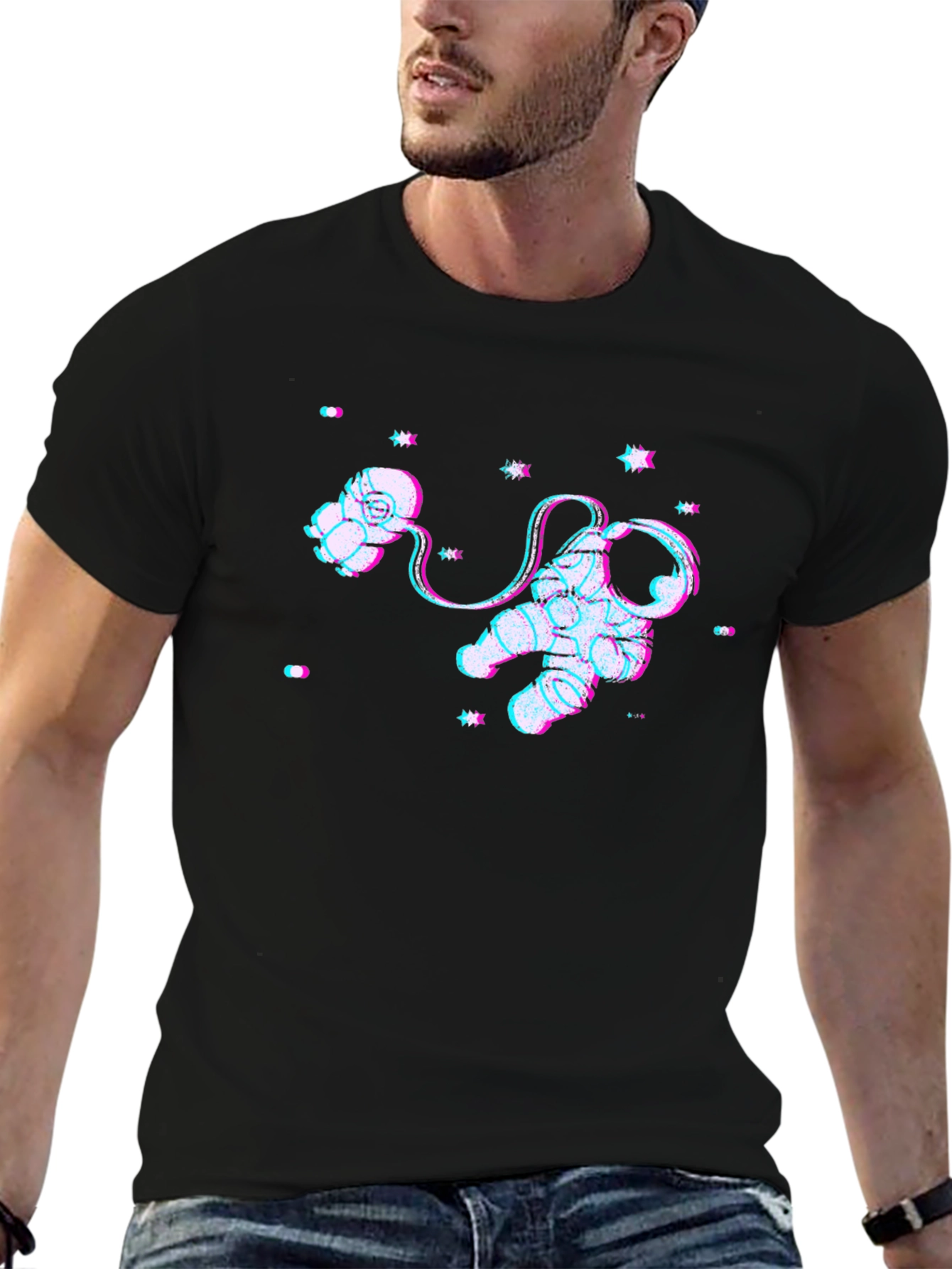 Astronaut Glitch Graphic Black T-Shirt