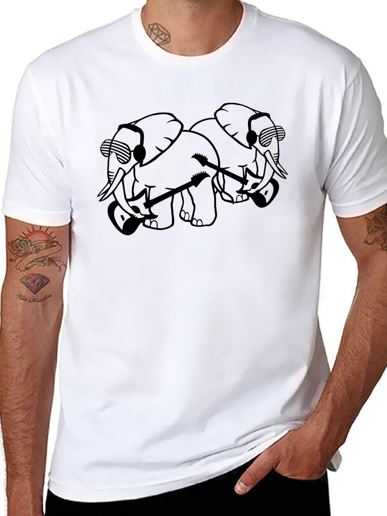 Cool Elephants with Guitars Black T-Shirt