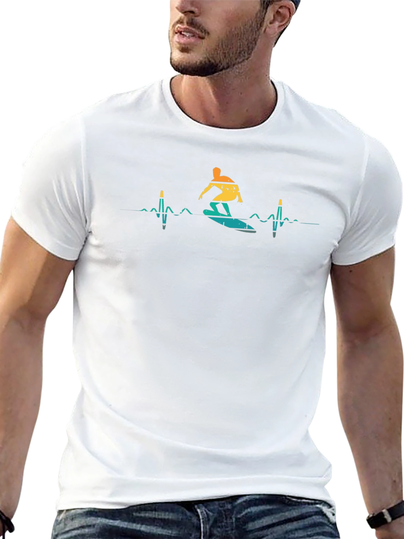 Surfer Heartbeat T-Shirt - Black Crew Neck Tee