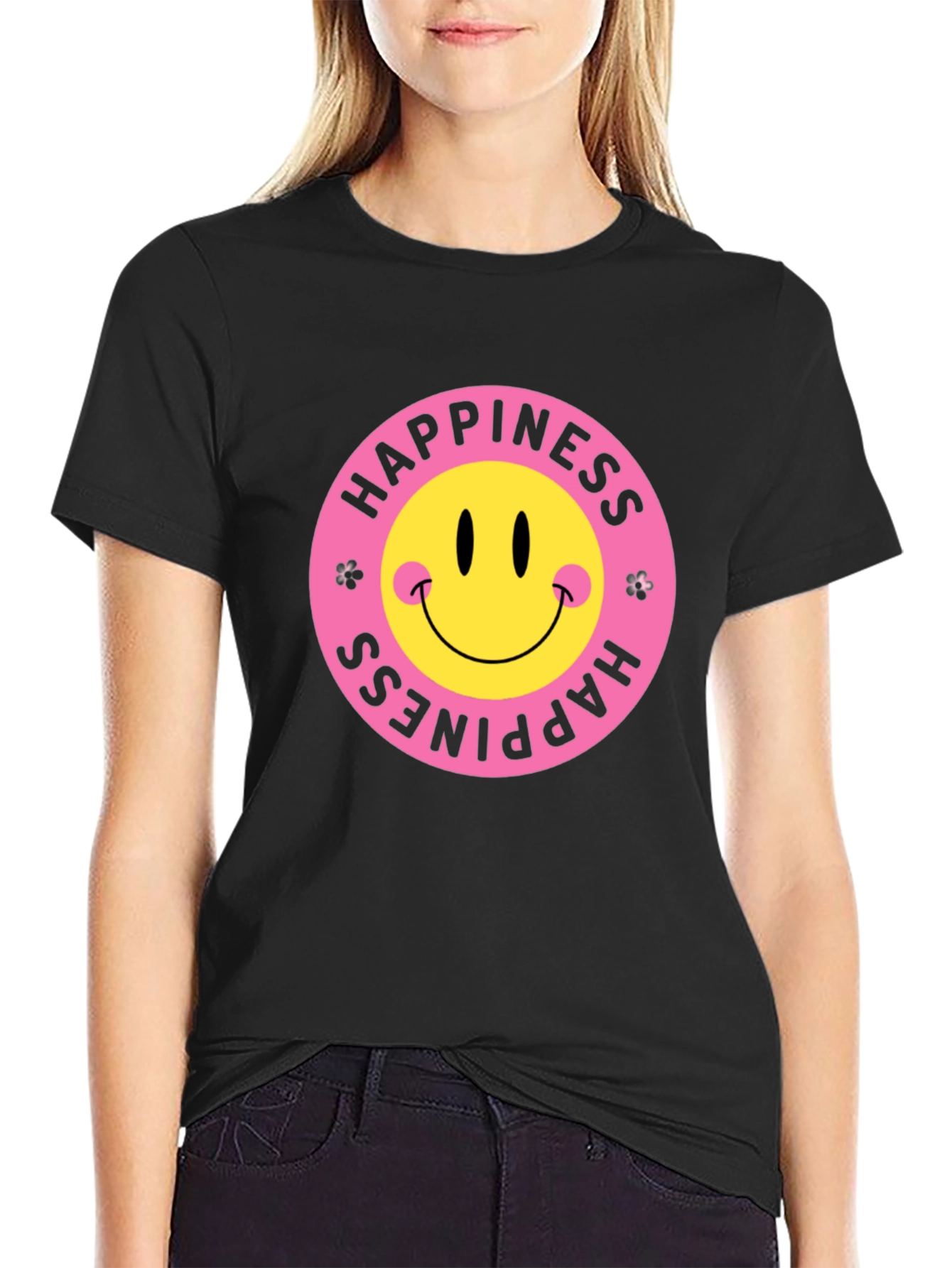 Happiness Smiley Face Black Graphic T-Shirt