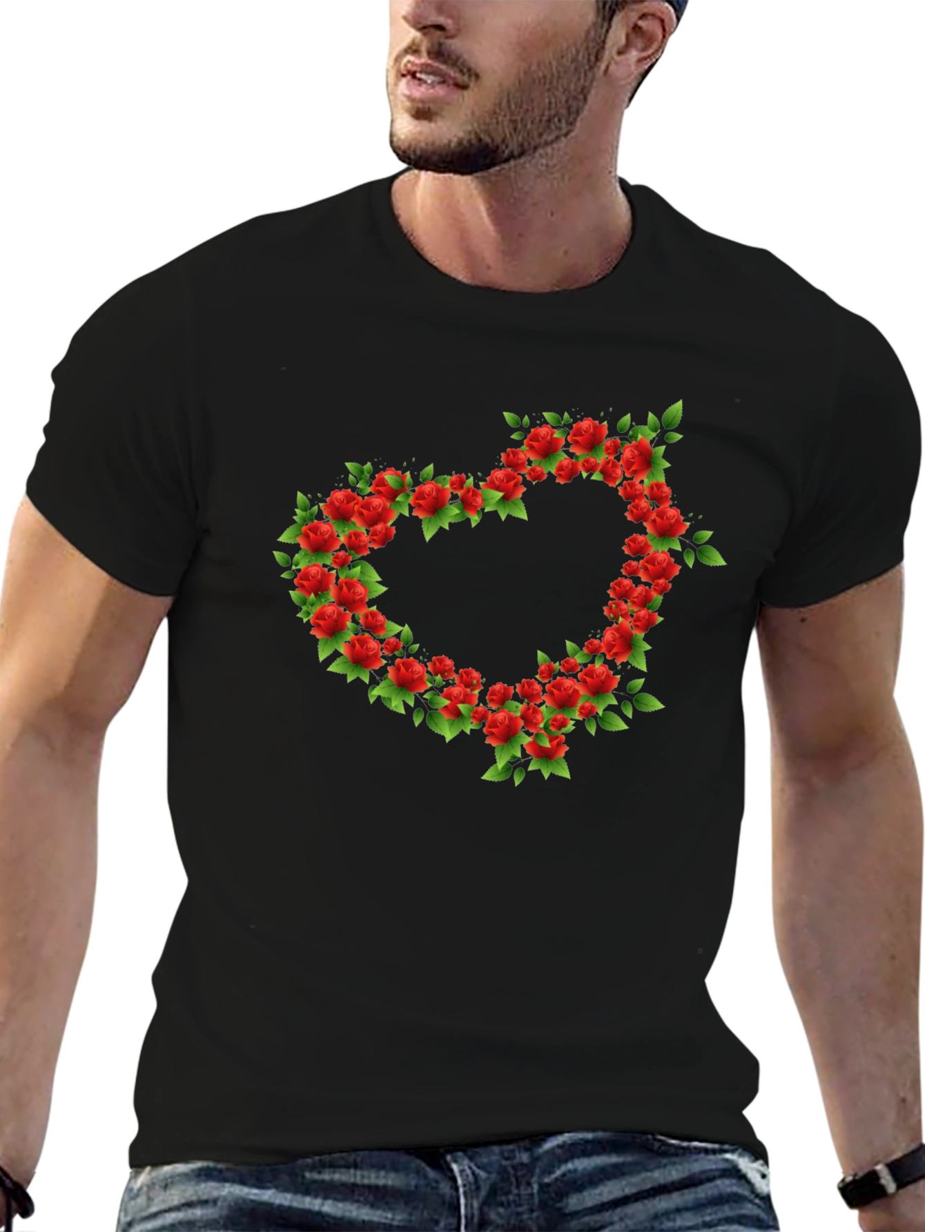Floral Heart Graphic Black T-Shirt