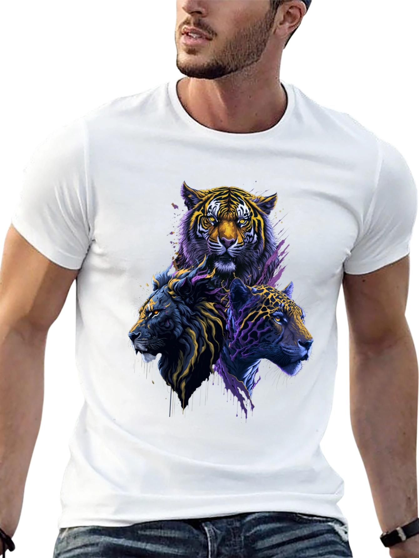 Tiger Lion Leopard Graphic Print Black Tee