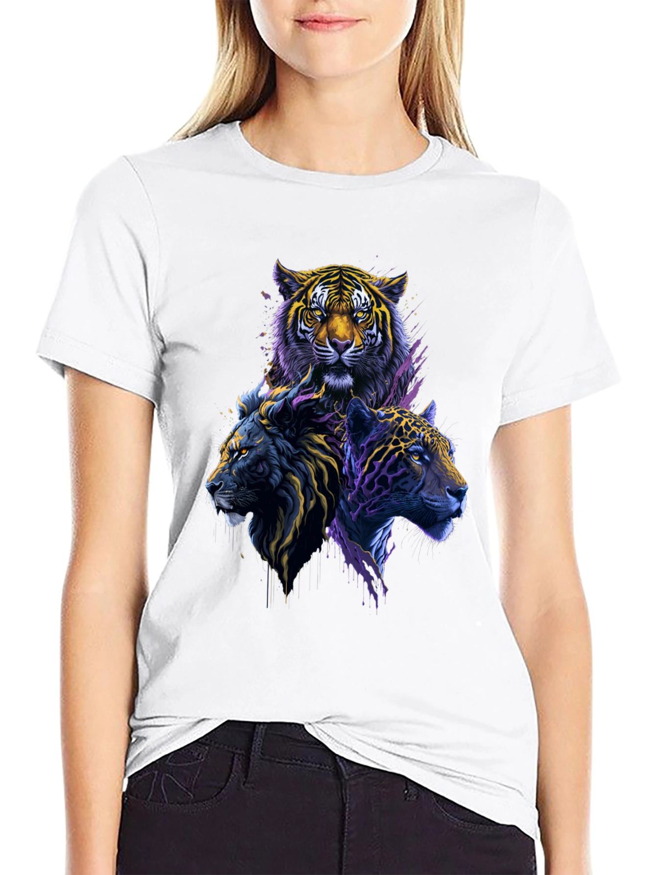 Tiger Lion Leopard Graphic Print Black Tee