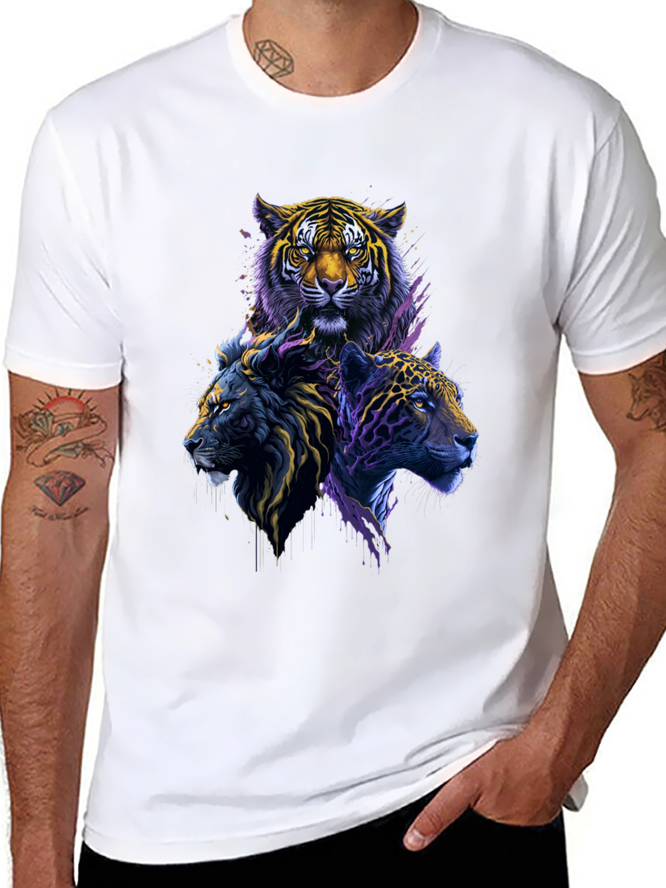 Tiger Lion Leopard Graphic Print Black Tee
