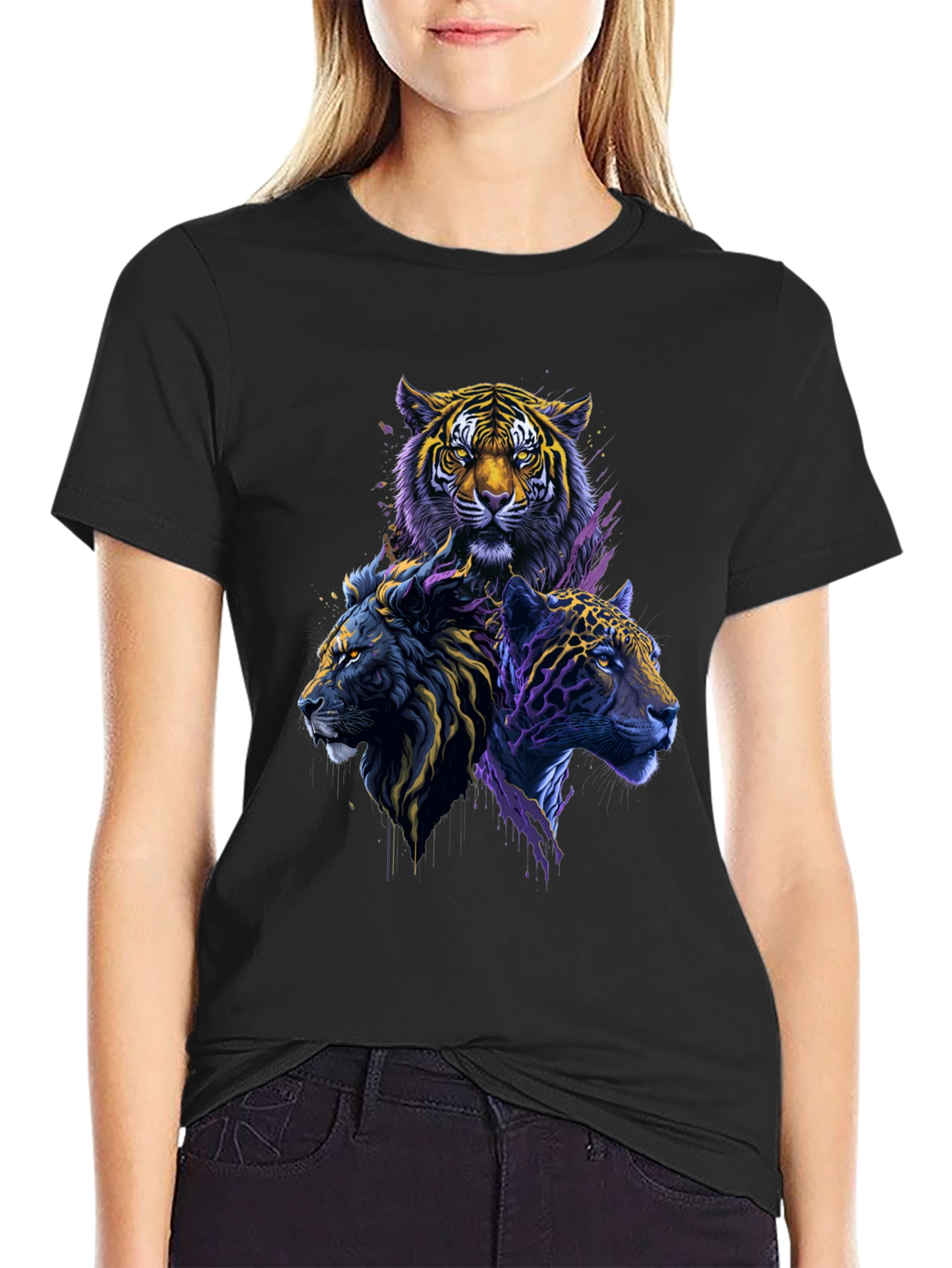 Tiger Lion Leopard Graphic Print Black Tee