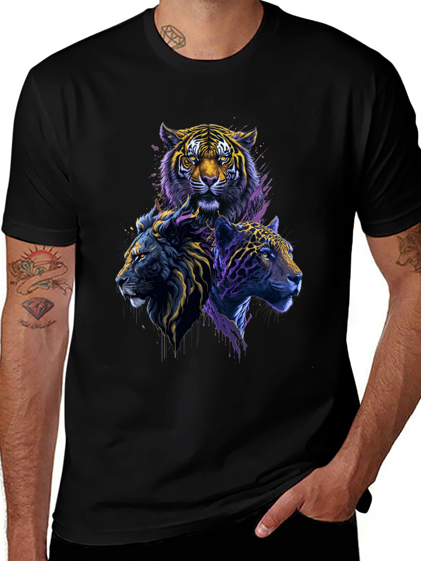 Tiger Lion Leopard Graphic Print Black Tee