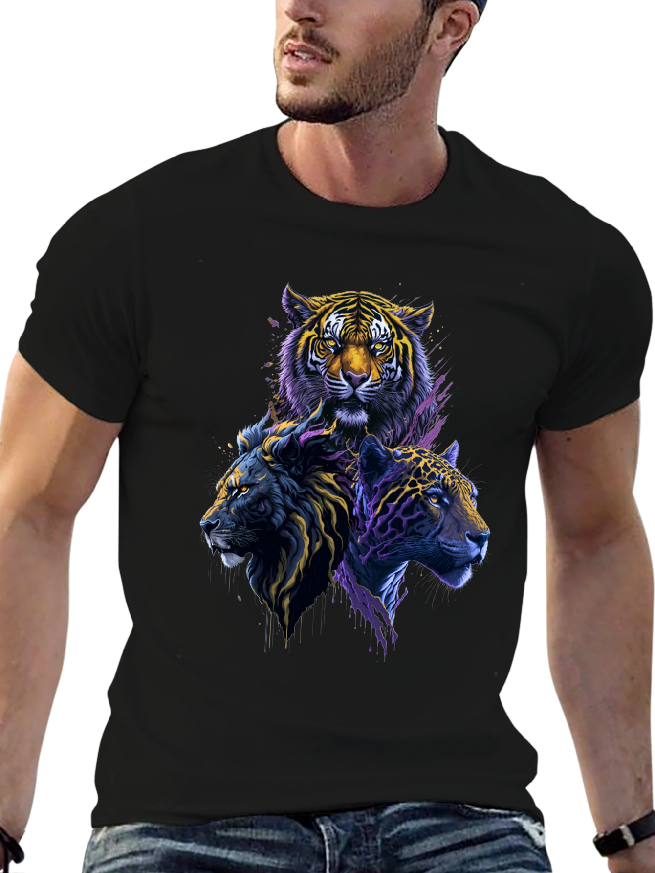 Tiger Lion Leopard Graphic Print Black Tee